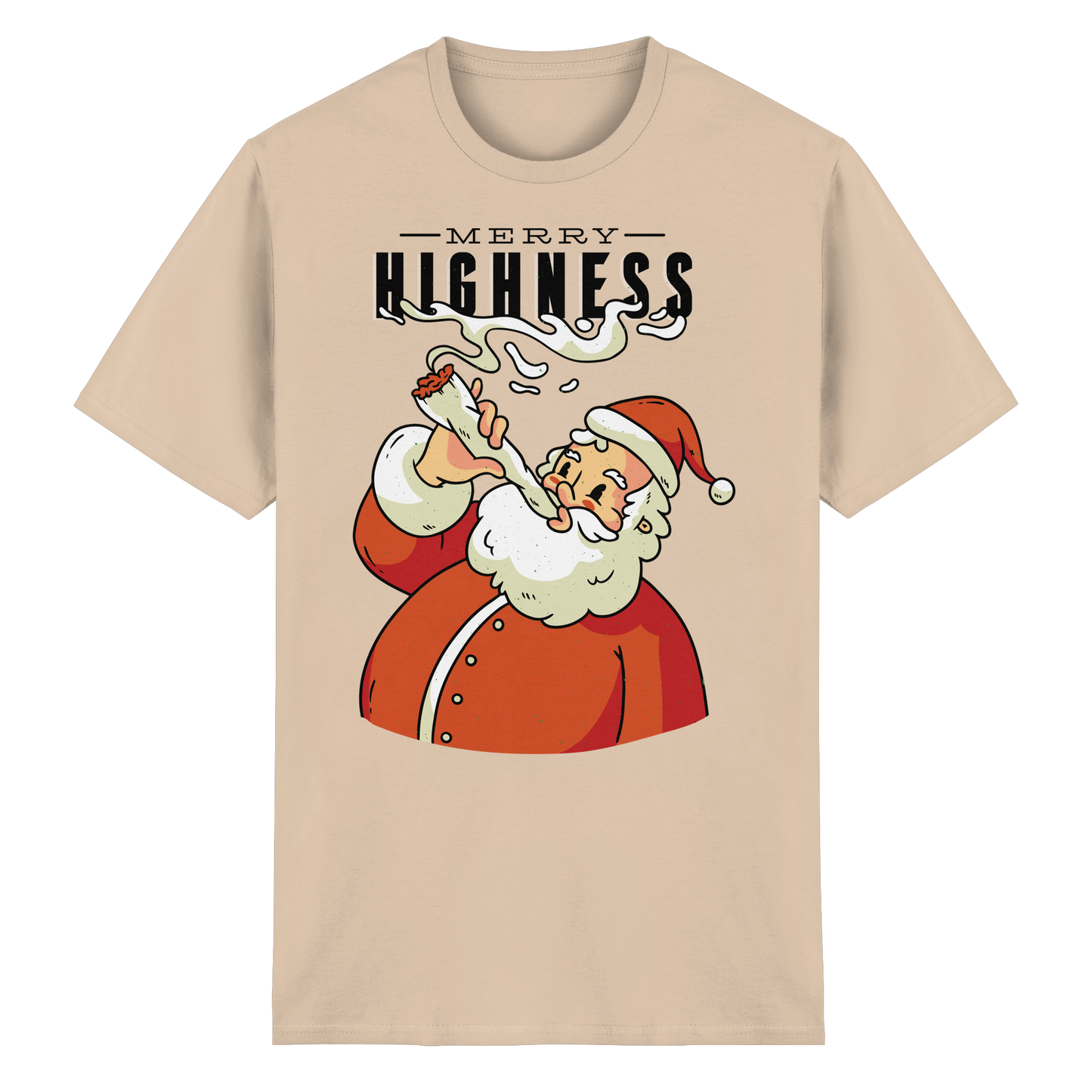 A Christmas motif featuring a stoned Santa Claus, Merry Highness - Heavy Cotton T-Shirt