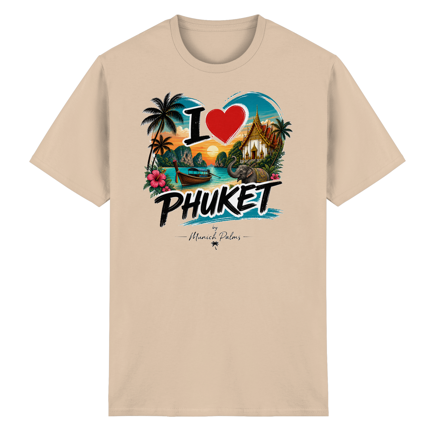 Unisex-T-Shirt "I love Phuket" aus schwerer Baumwolle, natürliche Farbe, vorne mit Druck, bequemes Alltagsshirt.