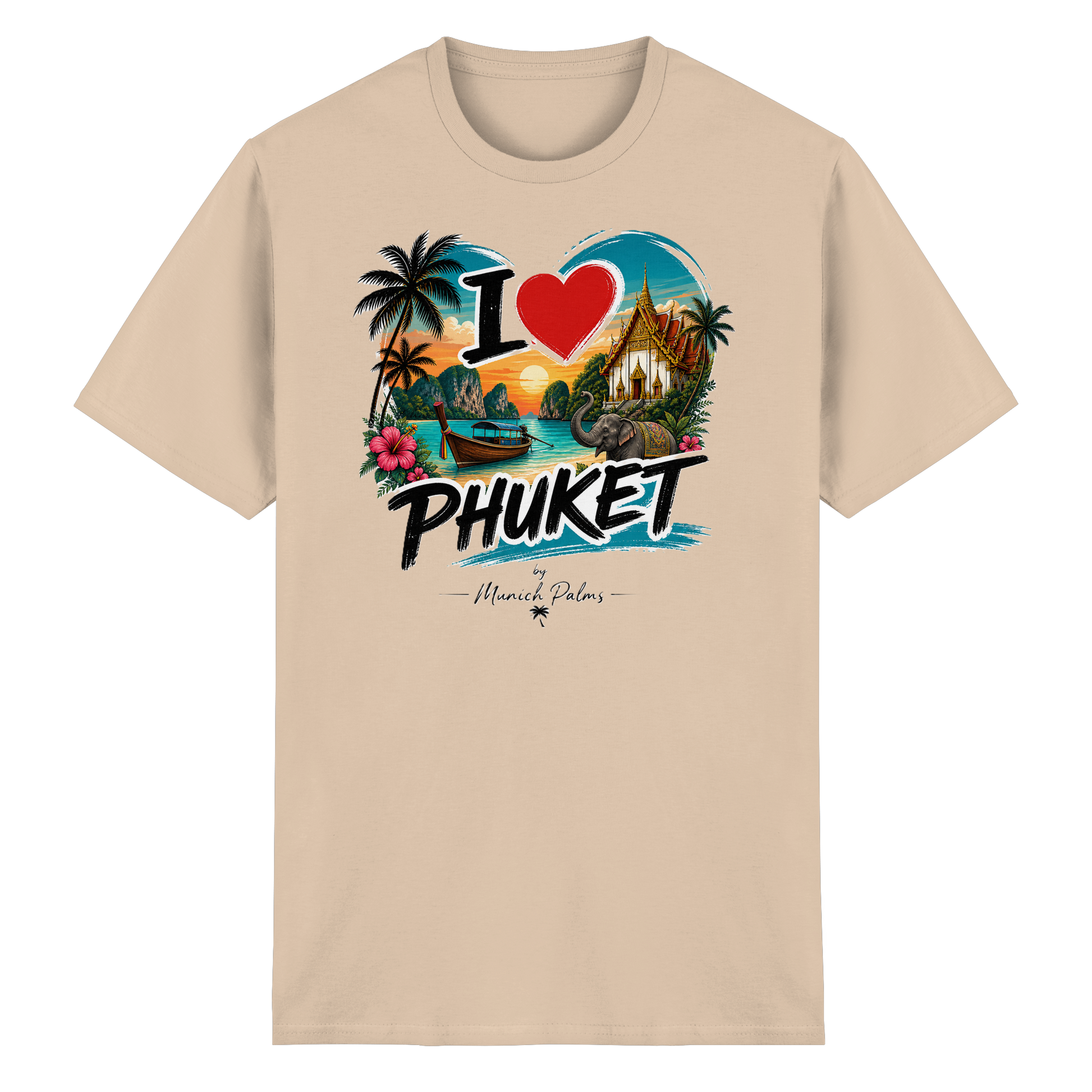 Unisex-T-Shirt "I love Phuket" aus schwerer Baumwolle, natürliche Farbe, vorne mit Druck, bequemes Alltagsshirt.