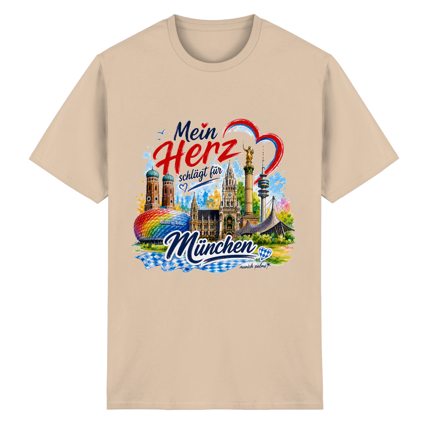 Buntes München Design auf einem leichten Baumwoll-T-Shirt für Unisex, mit Wahrzeichen von München, von Munich Palms.