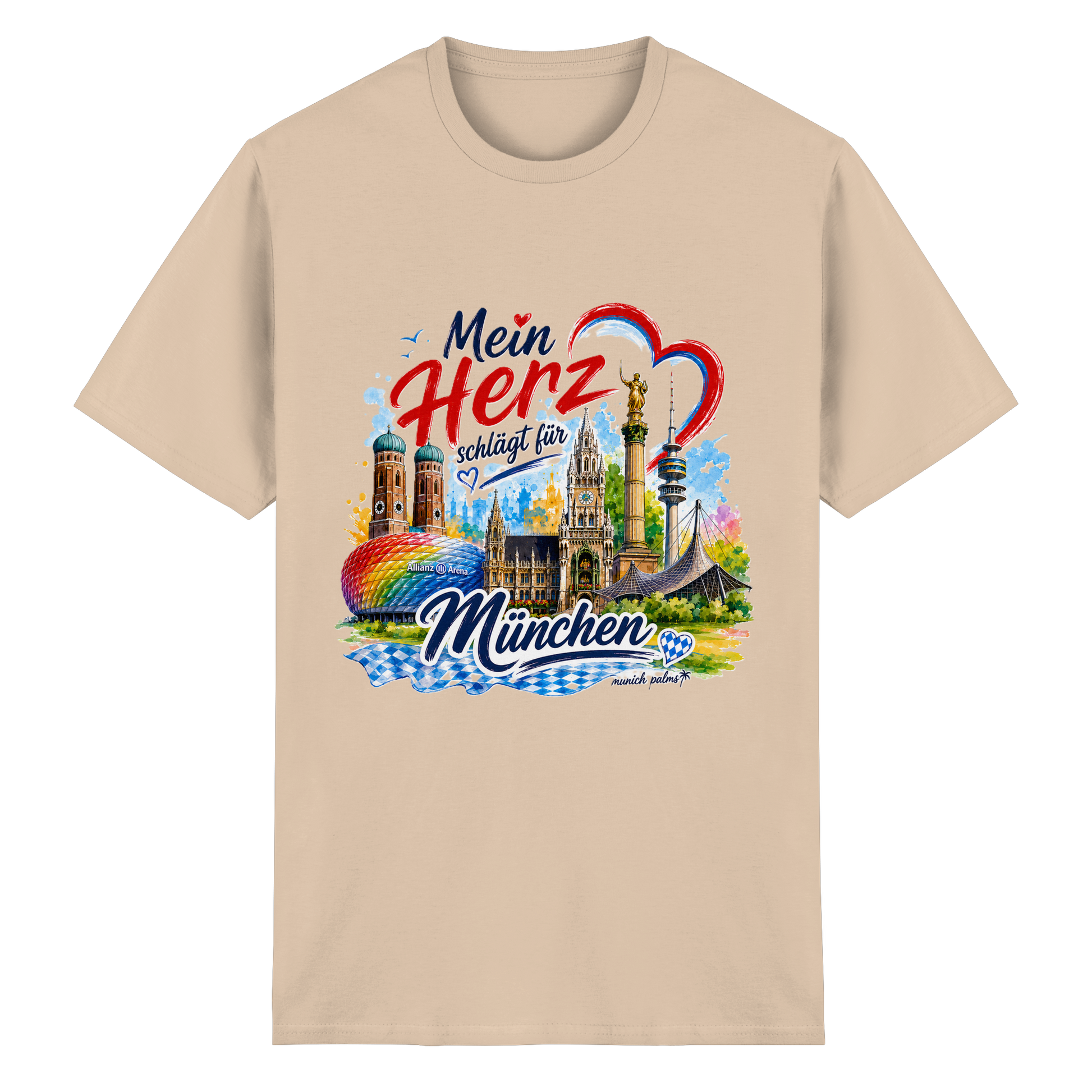 Buntes München Design auf einem leichten Baumwoll-T-Shirt für Unisex, mit Wahrzeichen von München, von Munich Palms.