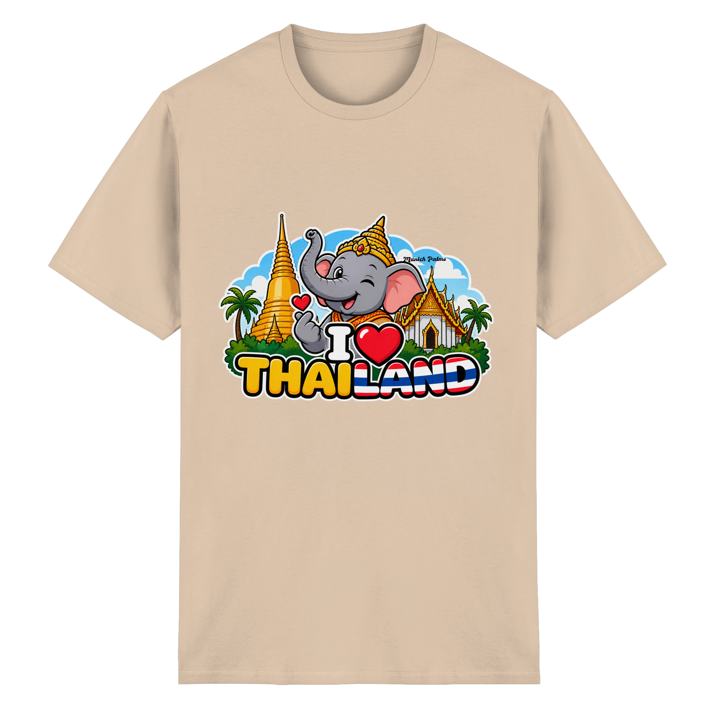Unisex-T-Shirt mit I Love Thailand Elefanten-Design aus schwerer Baumwolle, natürliches Farbdesign, Munich Palms Stil