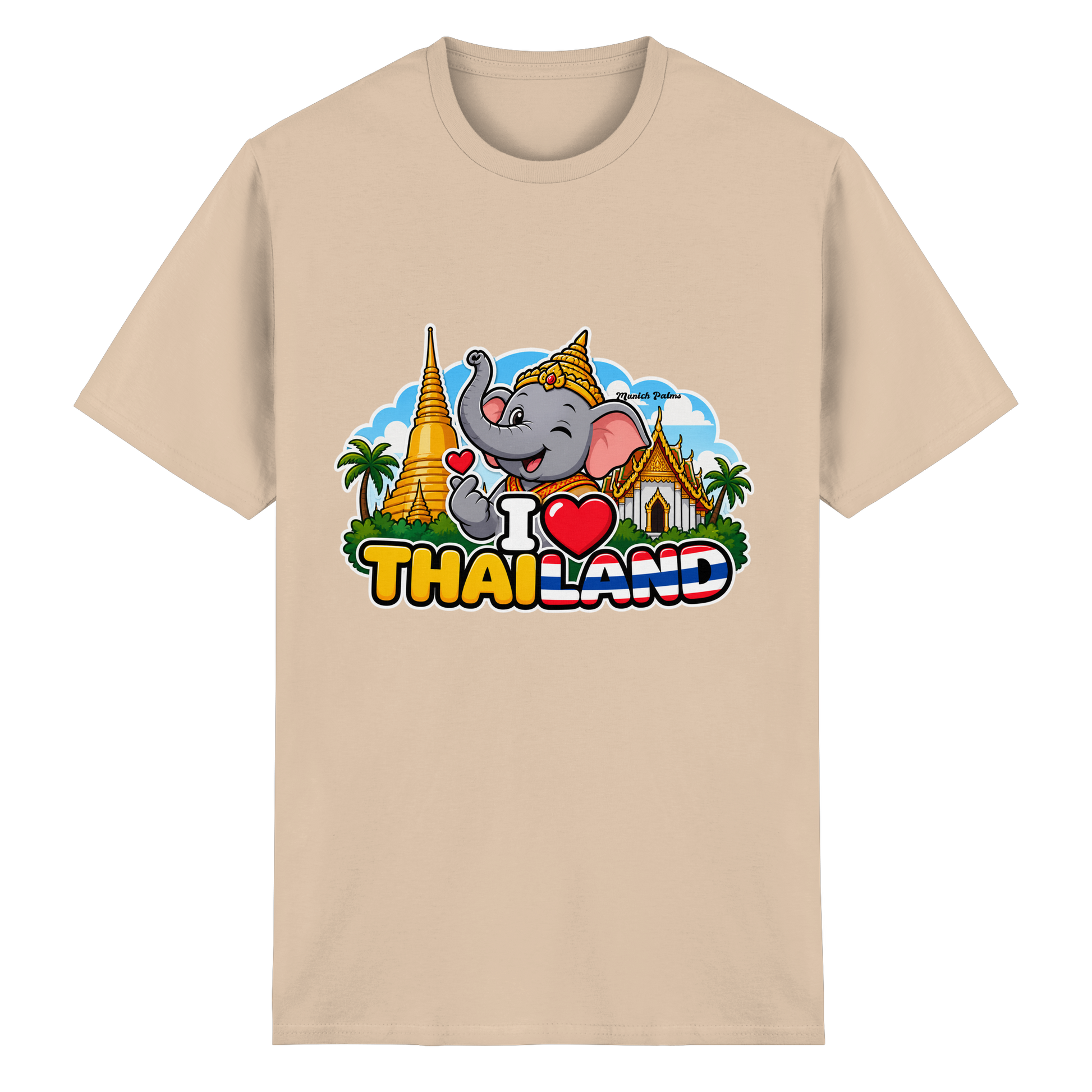 Unisex-T-Shirt mit I Love Thailand Elefanten-Design aus schwerer Baumwolle, natürliches Farbdesign, Munich Palms Stil