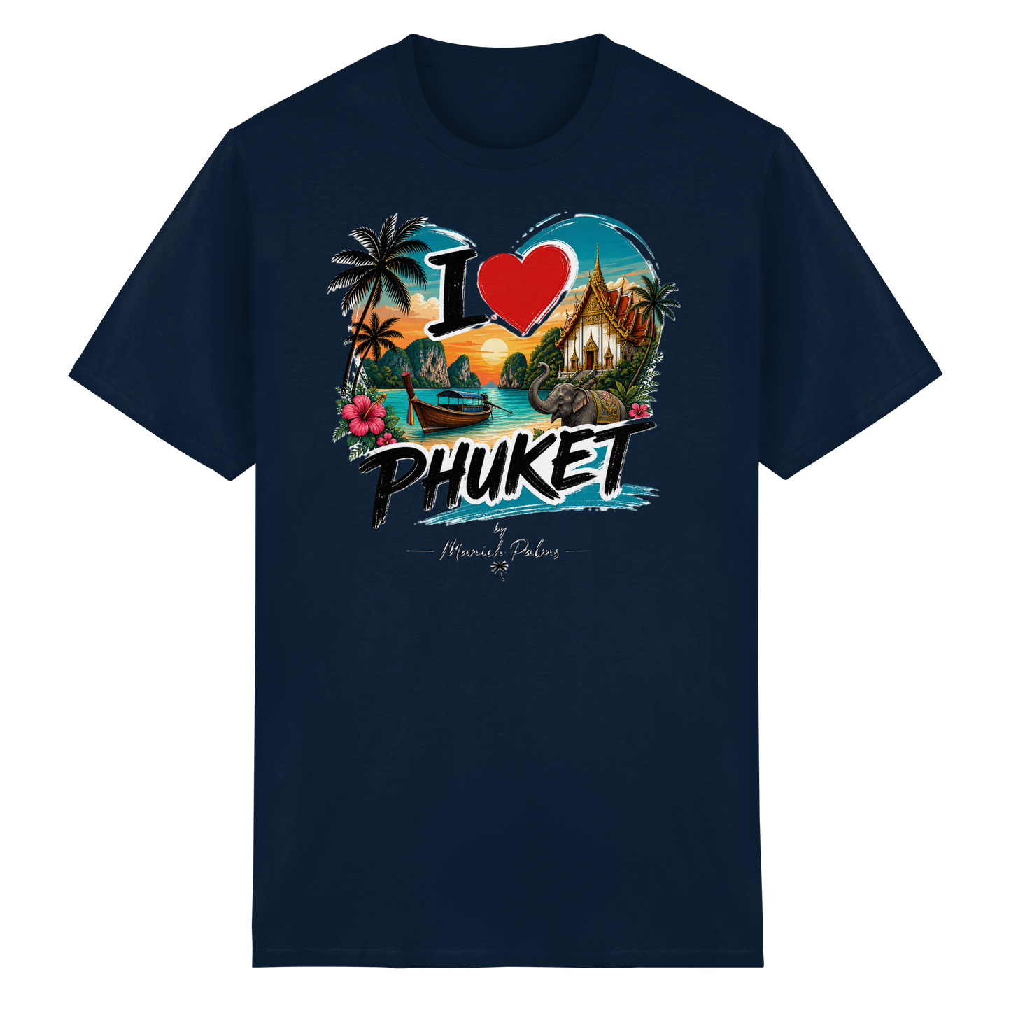 Unisex-Heavy Cotton-T-Shirt mit "I love Phuket" Aufdruck in Navy, hochwertiges Baumwoll-Shirt, frontale Ansicht.