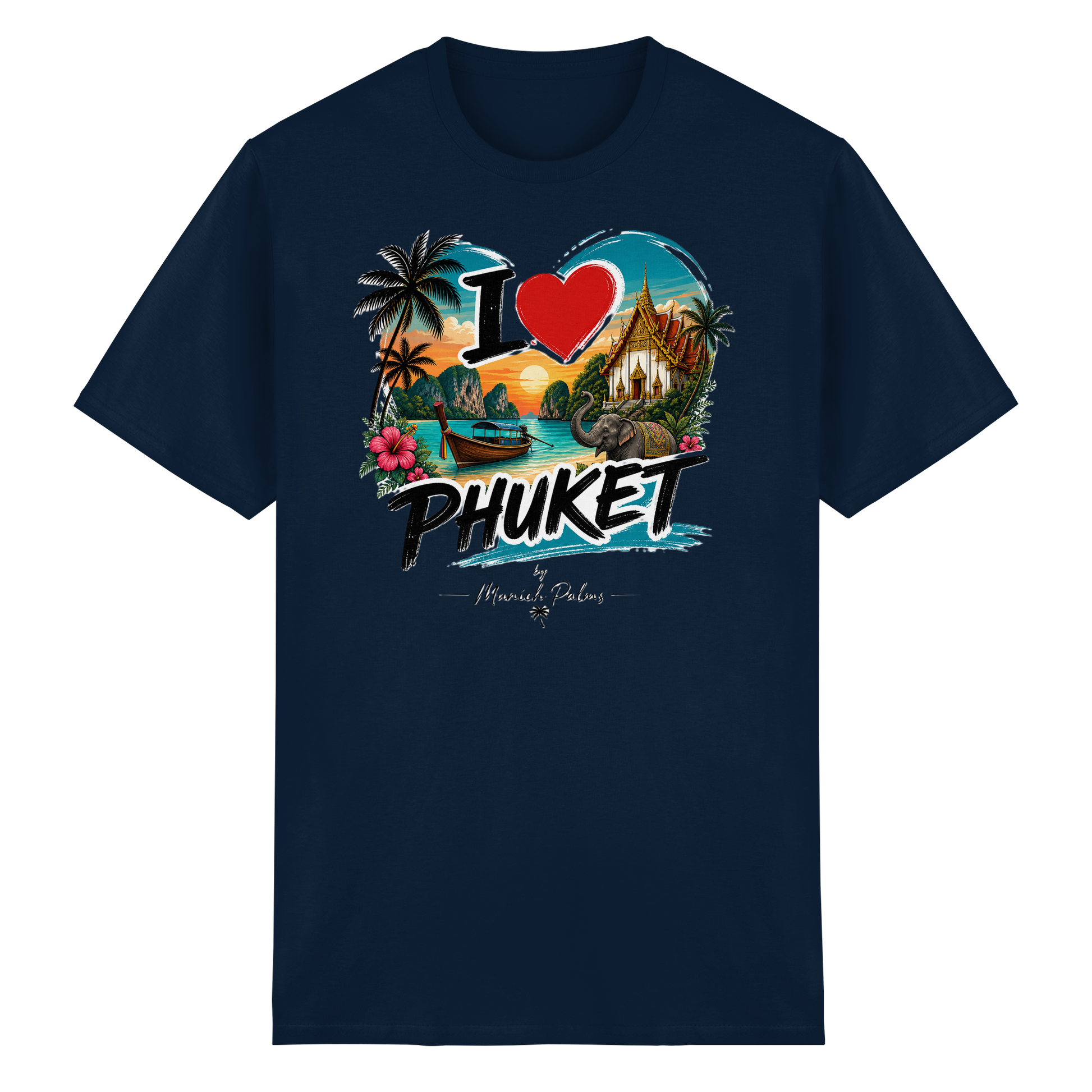 Unisex-Heavy Cotton-T-Shirt mit "I love Phuket" Aufdruck in Navy, hochwertiges Baumwoll-Shirt, frontale Ansicht.