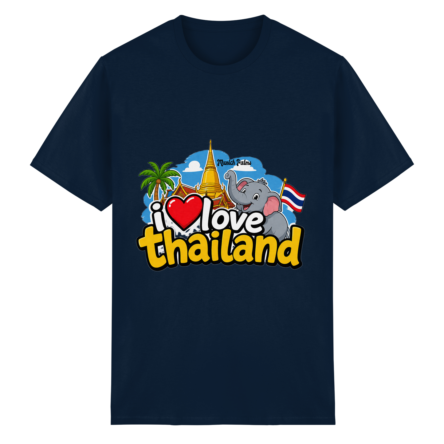 Unisex-T-Shirt "I love Thailand" aus schwerer Baumwolle in Navy, vorne sichtbar, bequemes Shirt mit Thailand-Motiv.