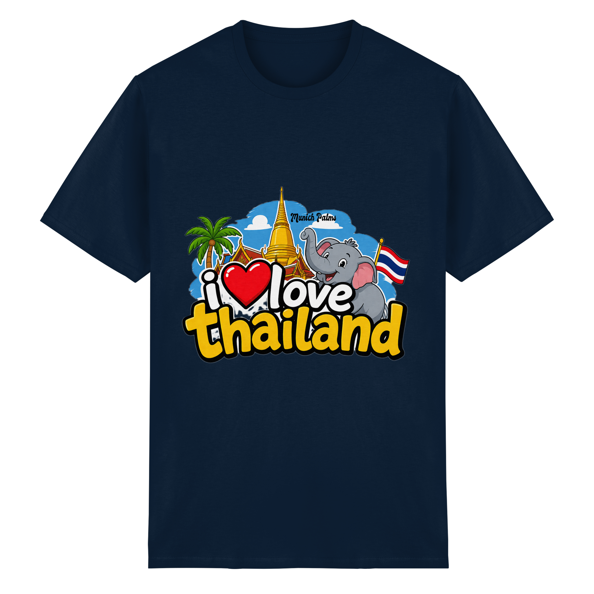 Unisex-T-Shirt "I love Thailand" aus schwerer Baumwolle in Navy, vorne sichtbar, bequemes Shirt mit Thailand-Motiv.