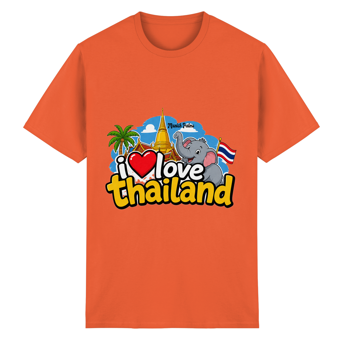 Herren- oder Damen-T-Shirt aus schwerer Baumwolle mit "I love Thailand"-Print in Orange, unisex Schnitt, Frontansicht.