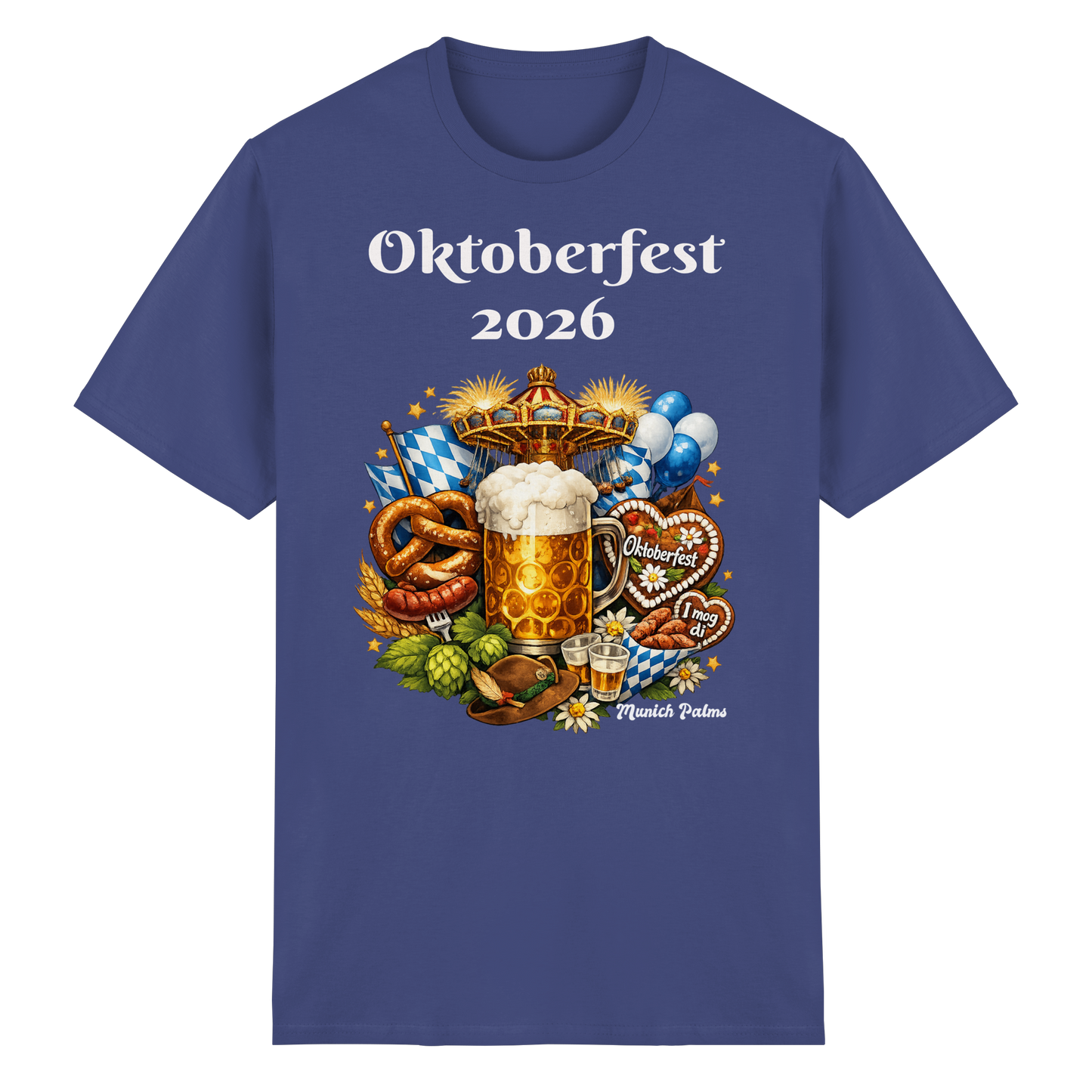 Unisex-Oktoberfest 2026 Munich Design T-Shirt aus schwerer Baumwolle in Lila, Vorderseite, bequemes deutsches Trachten-Shirt