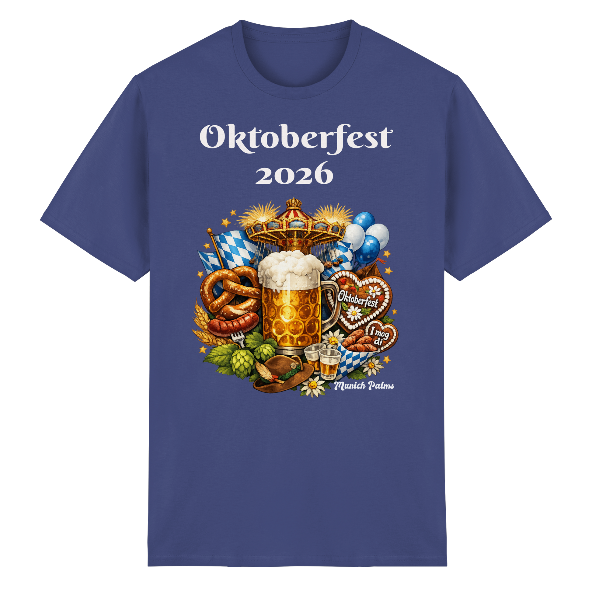 Unisex-Oktoberfest 2026 Munich Design T-Shirt aus schwerer Baumwolle in Lila, Vorderseite, bequemes deutsches Trachten-Shirt