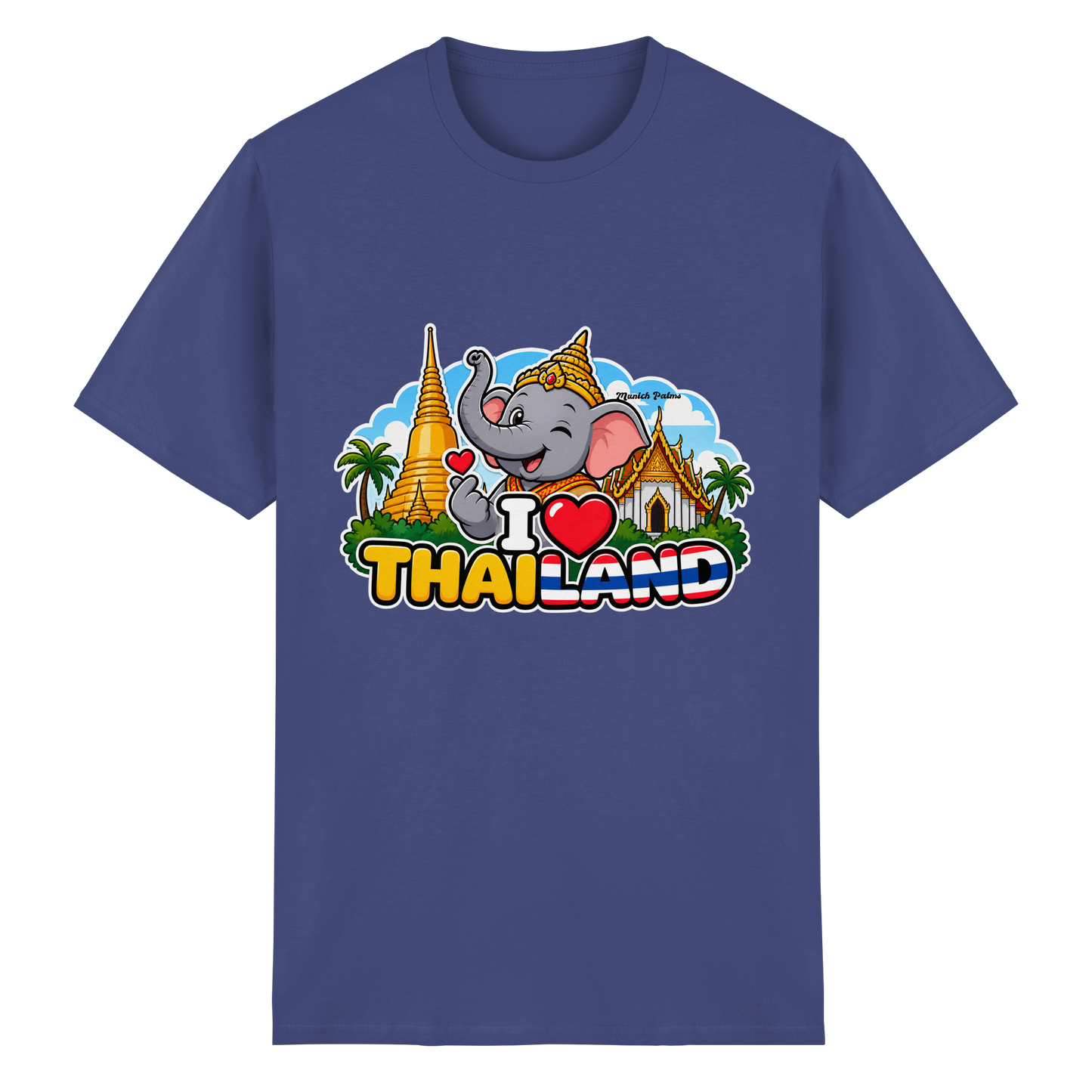 Unisex T-Shirt mit Elefanten-Design in Lila, aus schwerer Baumwolle, im exklusiven Munich Palms Stil, zeigt den fröhlichen Elefanten vorne.