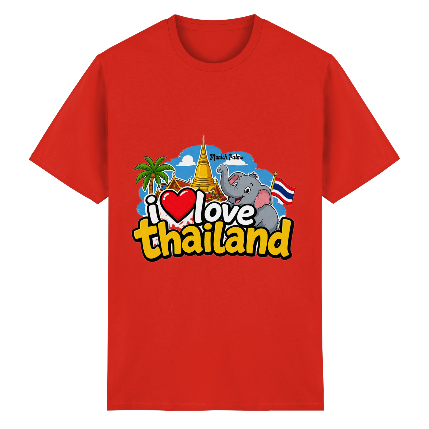 Rotes Unisex-T-Shirt „I love Thailand“ aus schwerer Baumwolle, Frontansicht, von Online Kaufhaus München.