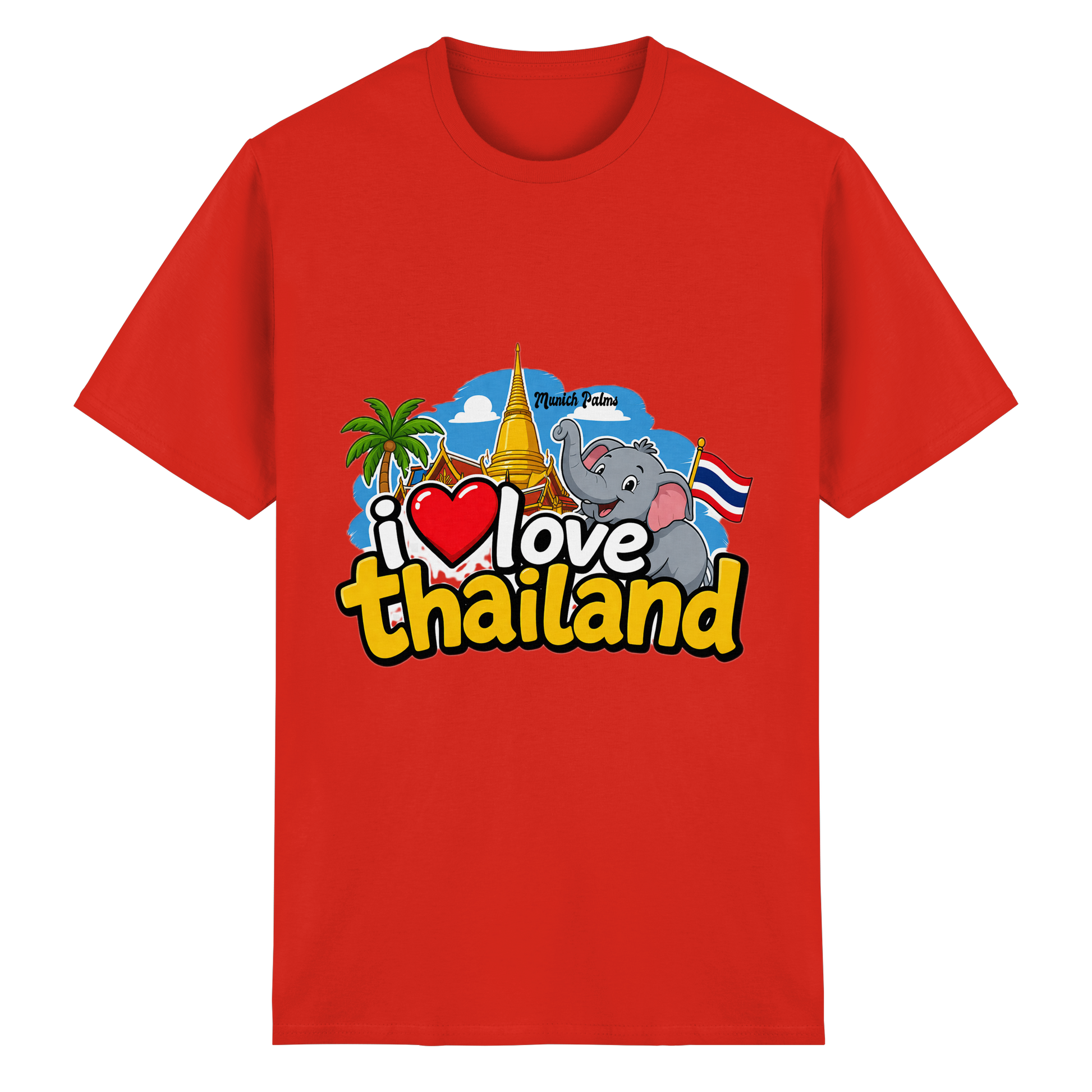 Rotes Unisex-T-Shirt „I love Thailand“ aus schwerer Baumwolle, Frontansicht, von Online Kaufhaus München.