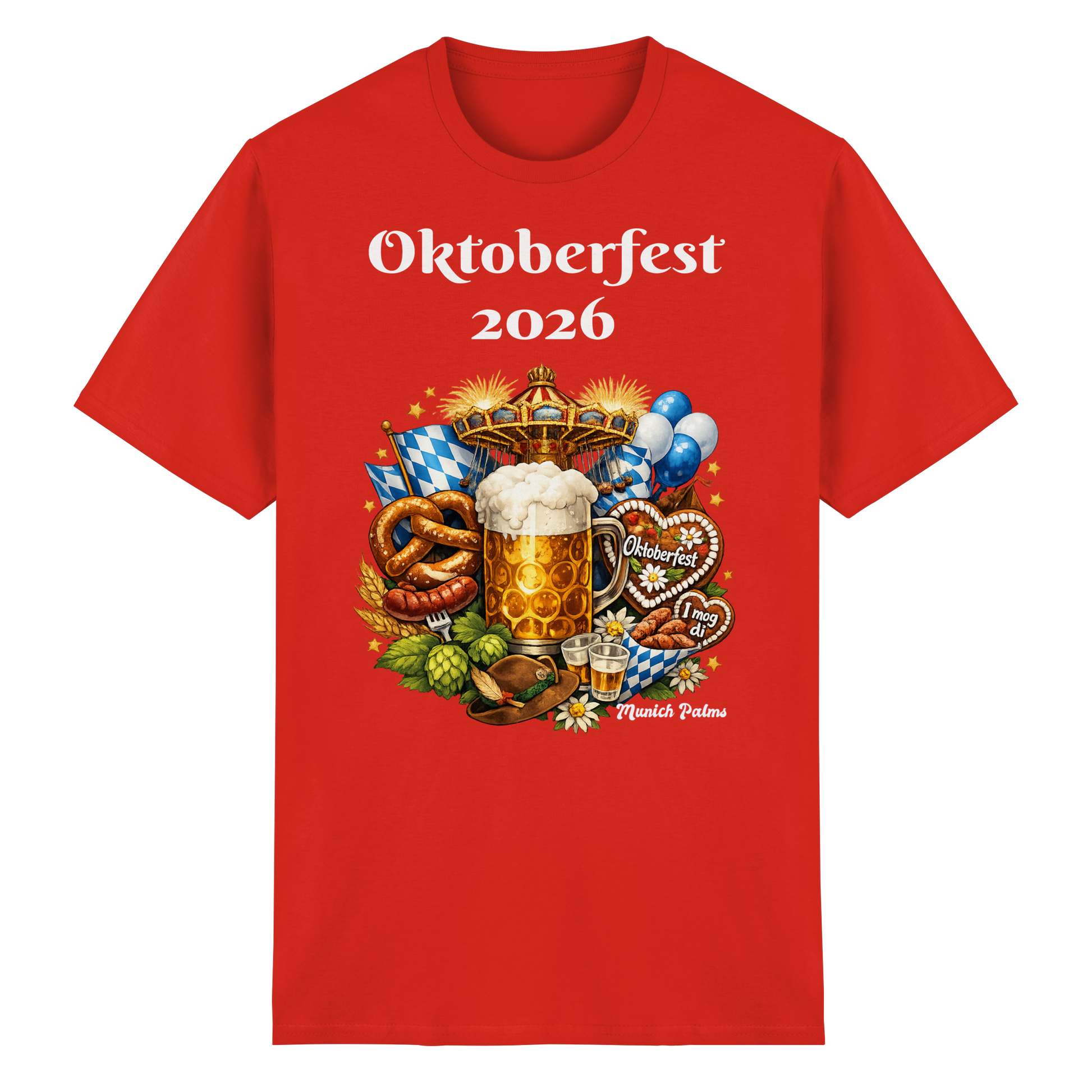 Rundes rotes Oktoberfest 2026 München Design T-Shirt aus schwerer Baumwolle, Unisex, Frontansicht
