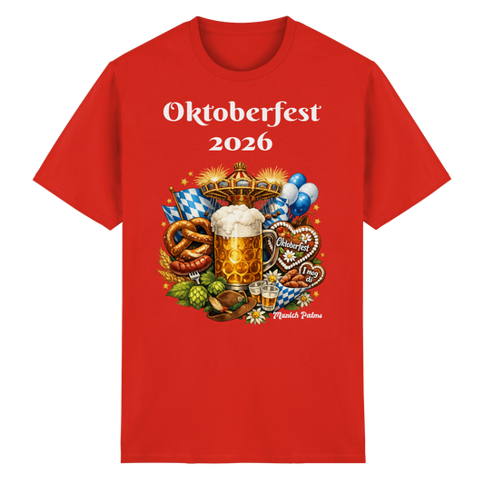 Rundes rotes Oktoberfest 2026 München Design T-Shirt aus schwerer Baumwolle, Unisex, Frontansicht