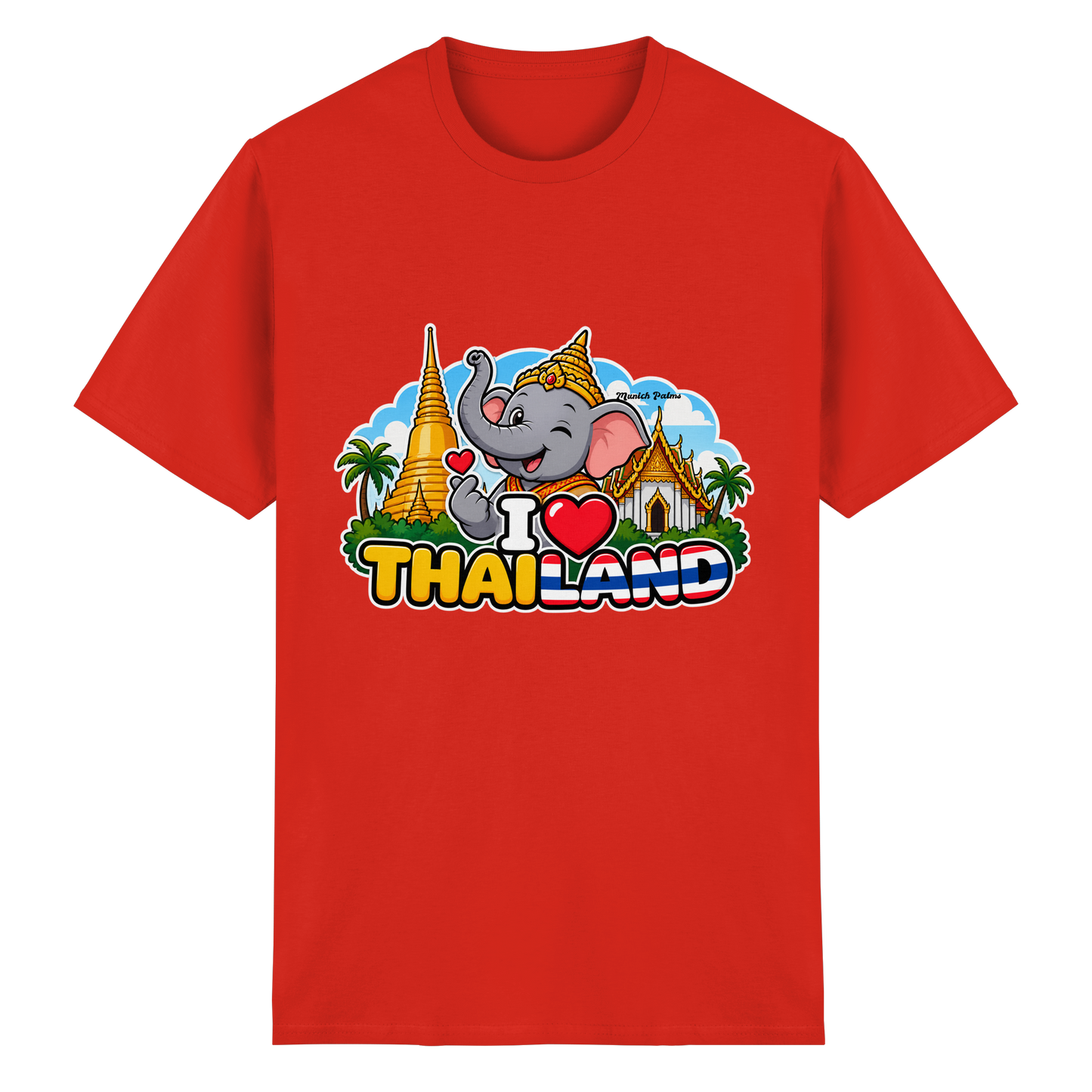 Lächelnder Elefant auf rotem Unisex-T-Shirt aus schwerer Baumwolle im Munich Palms Design, online Kaufhaus München.