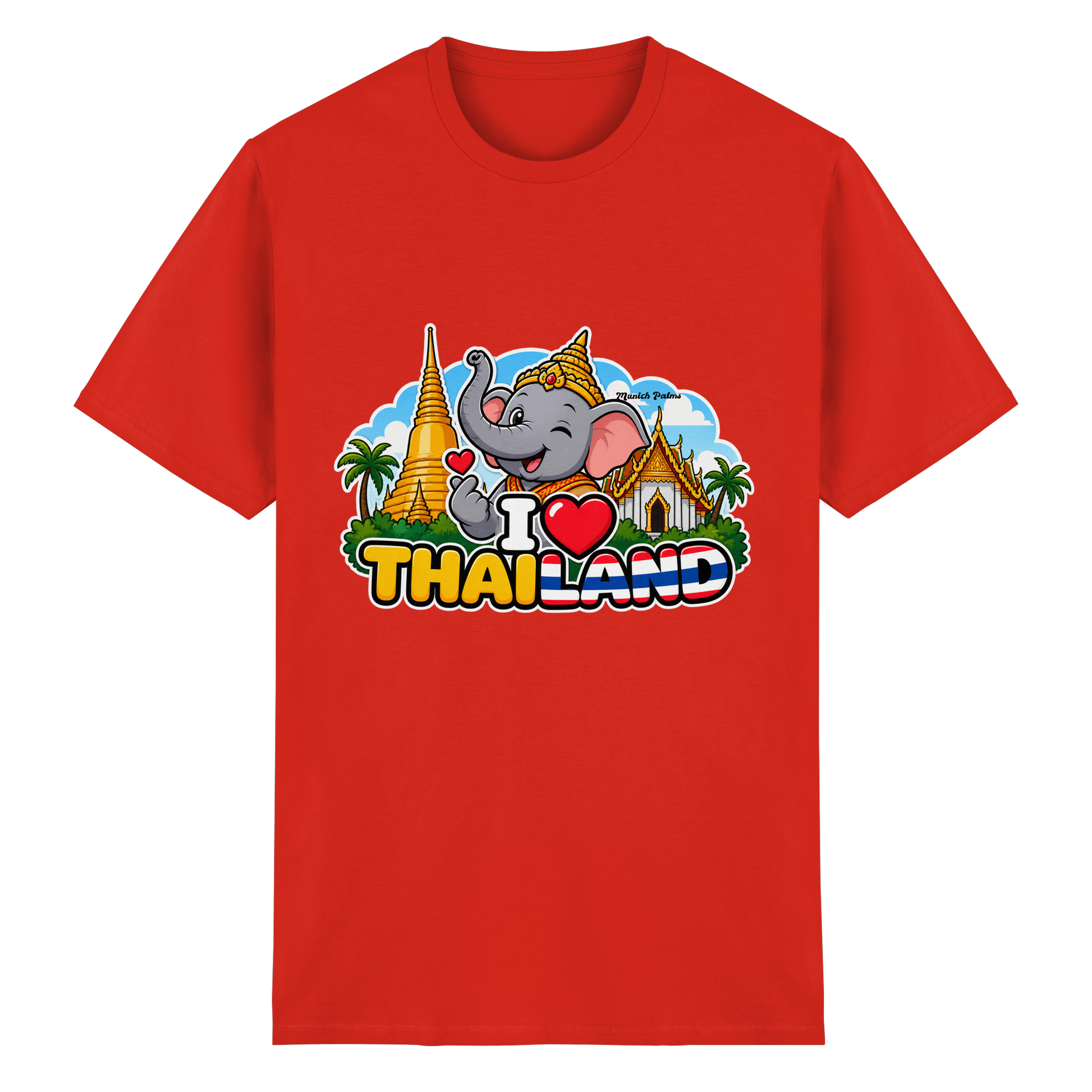 Lächelnder Elefant auf rotem Unisex-T-Shirt aus schwerer Baumwolle im Munich Palms Design, online Kaufhaus München.