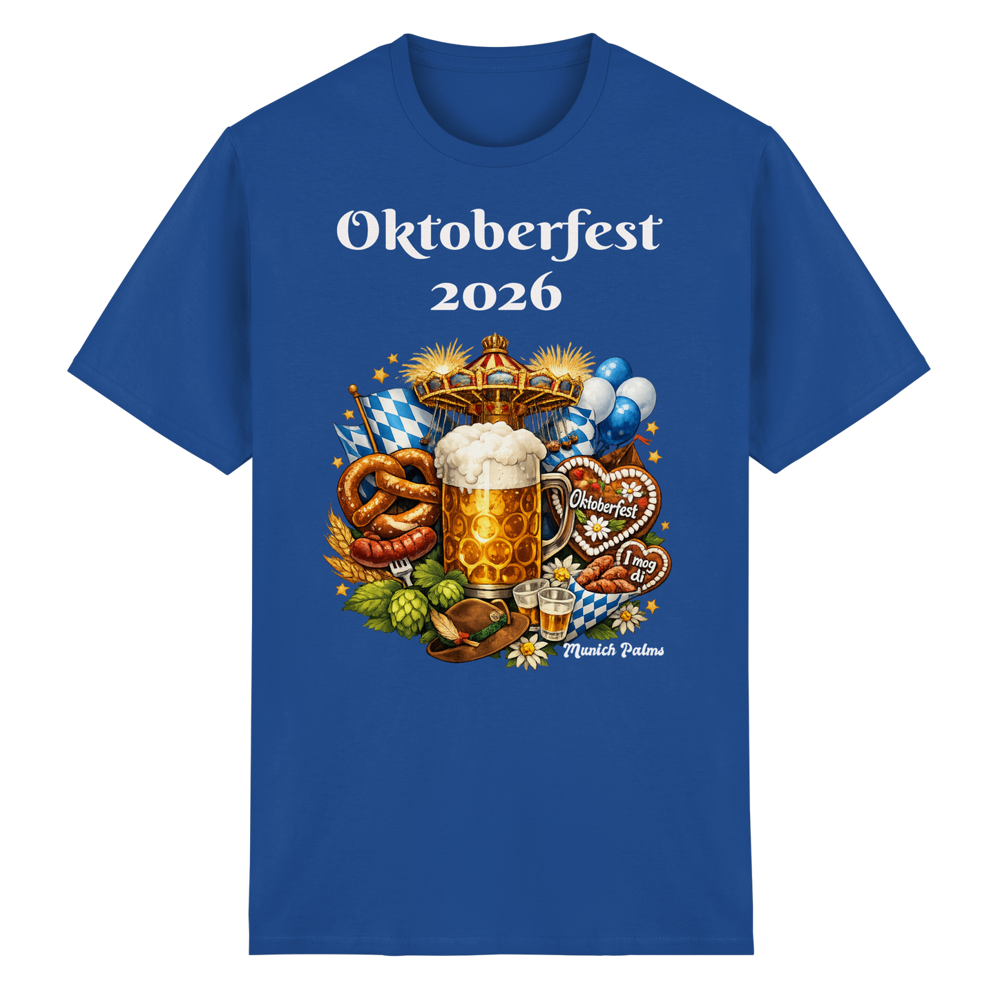 Unisex-Oktoberfest 2026 Munich T-Shirt aus schwerer Baumwolle, vorne mit Oktoberfest-Design in königsblau, von Online Kaufhaus München