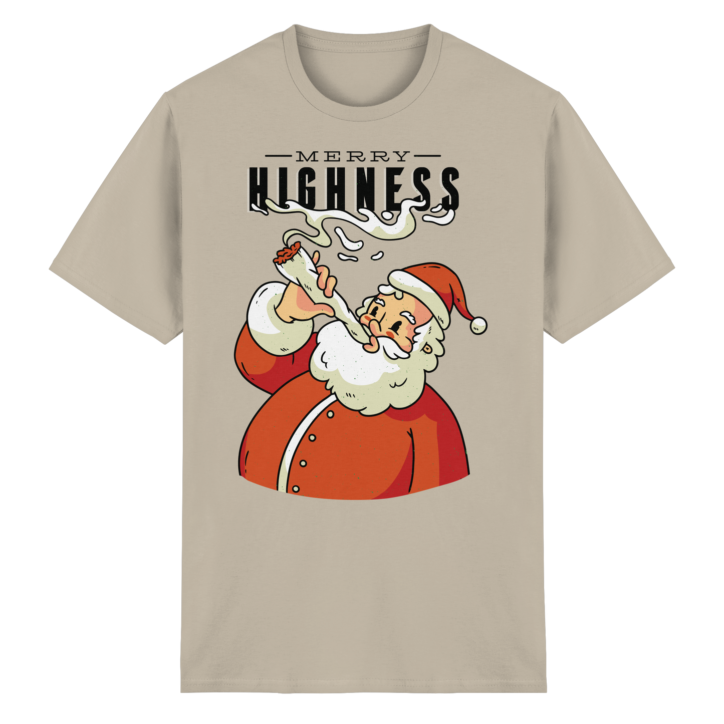 A Christmas motif featuring a stoned Santa Claus, Merry Highness - Heavy Cotton T-Shirt