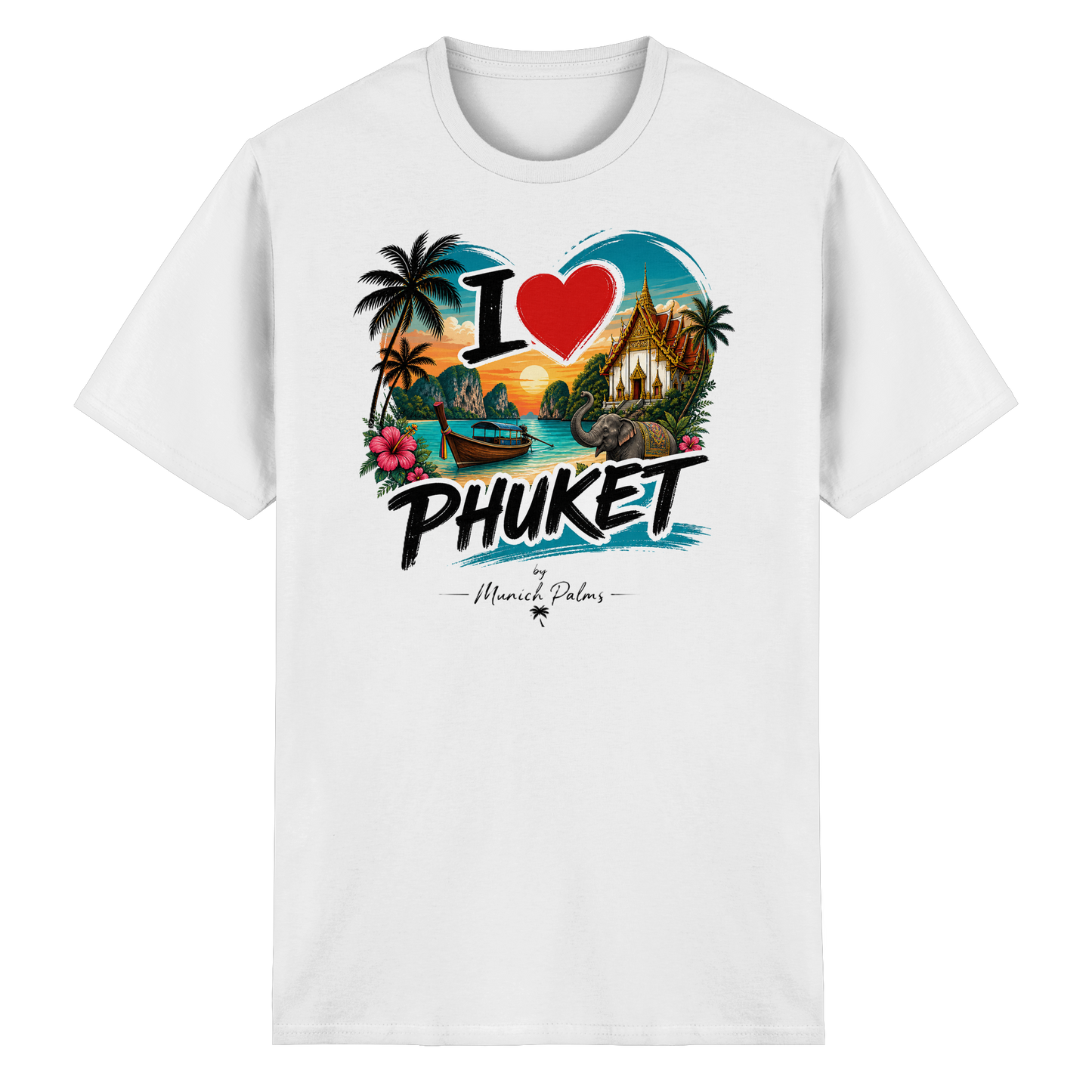 Weiße Unisex-T-Shirt "I Love Phuket" aus schwerer Baumwolle, Vorderansicht, bequemes Casual-Shirt, online Kaufhaus München