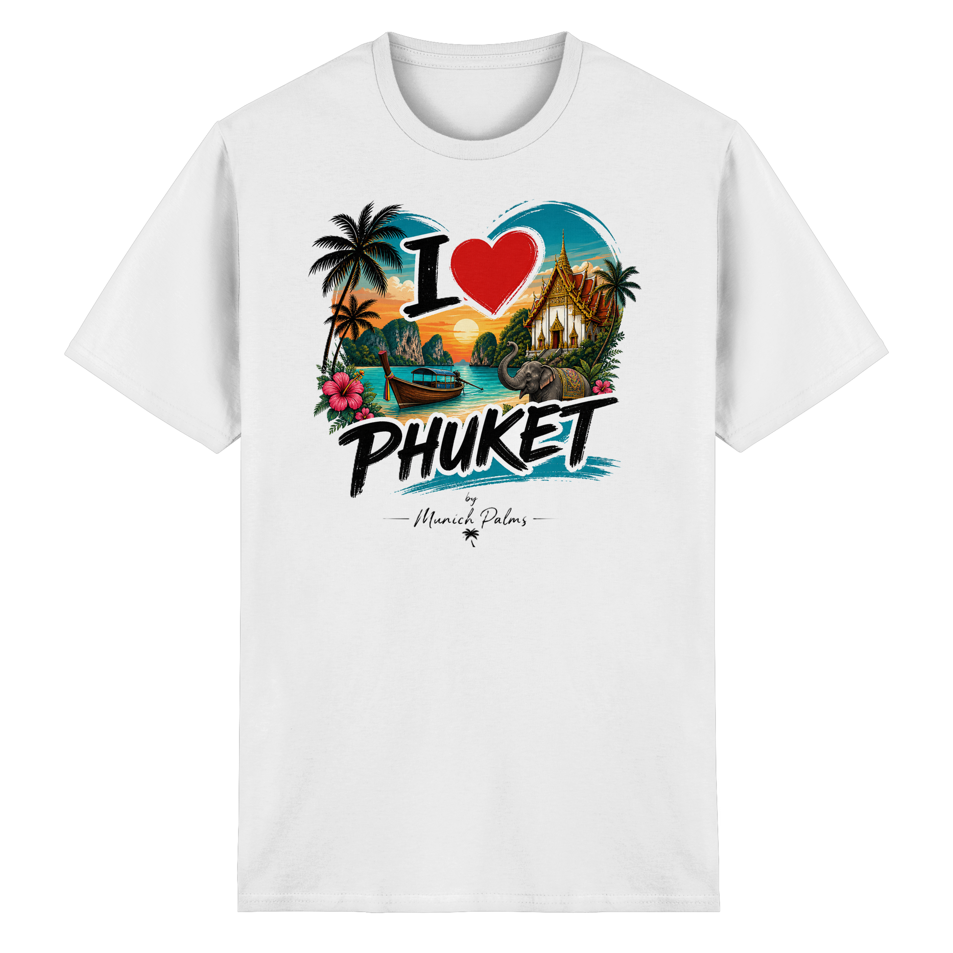 Weiße Unisex-T-Shirt "I Love Phuket" aus schwerer Baumwolle, Vorderansicht, bequemes Casual-Shirt, online Kaufhaus München