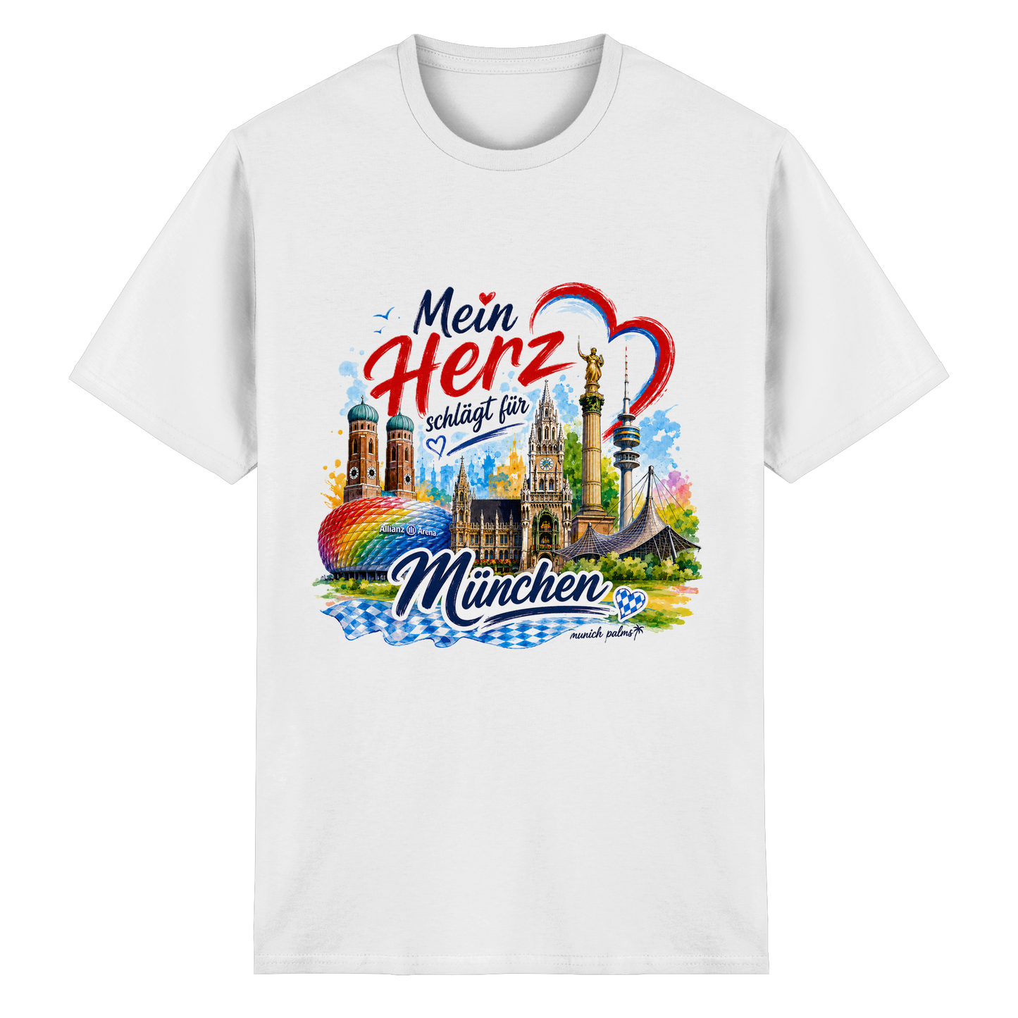 Helles weißes Unisex-T-Shirt von Munich Palms mit buntem München Design und Wahrzeichen, aus schwerer Baumwolle.