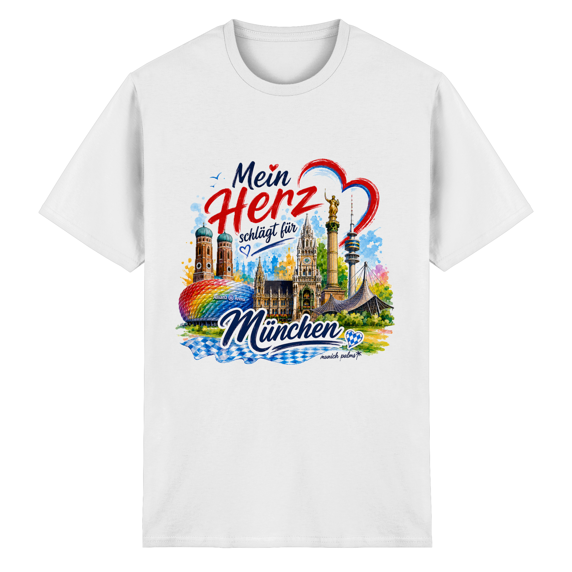 Helles weißes Unisex-T-Shirt von Munich Palms mit buntem München Design und Wahrzeichen, aus schwerer Baumwolle.