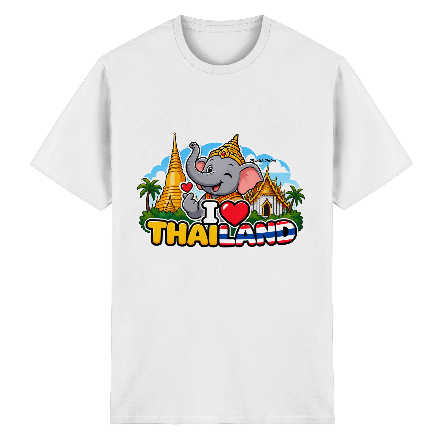 Weißes Unisex-T-Shirt mit Elefanten-Design und Thailand-Motiv, Heavy Cotton, Munich Palms, von Online Kaufhaus München.