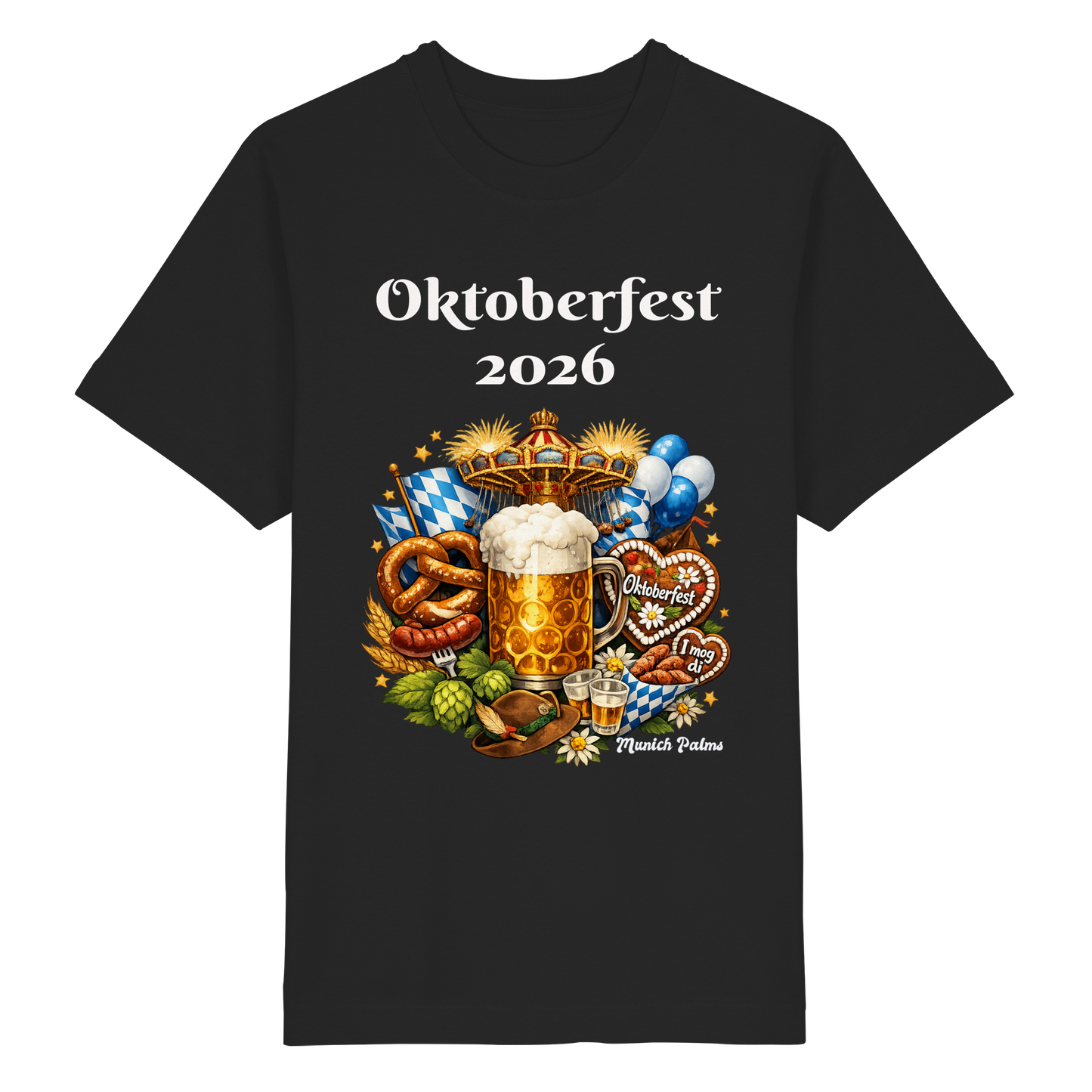 Schwarzes oversized Bio-Shirt für Oktoberfest 2026 in München, Unisex-Design, mit München-Logo auf der Vorderseite
