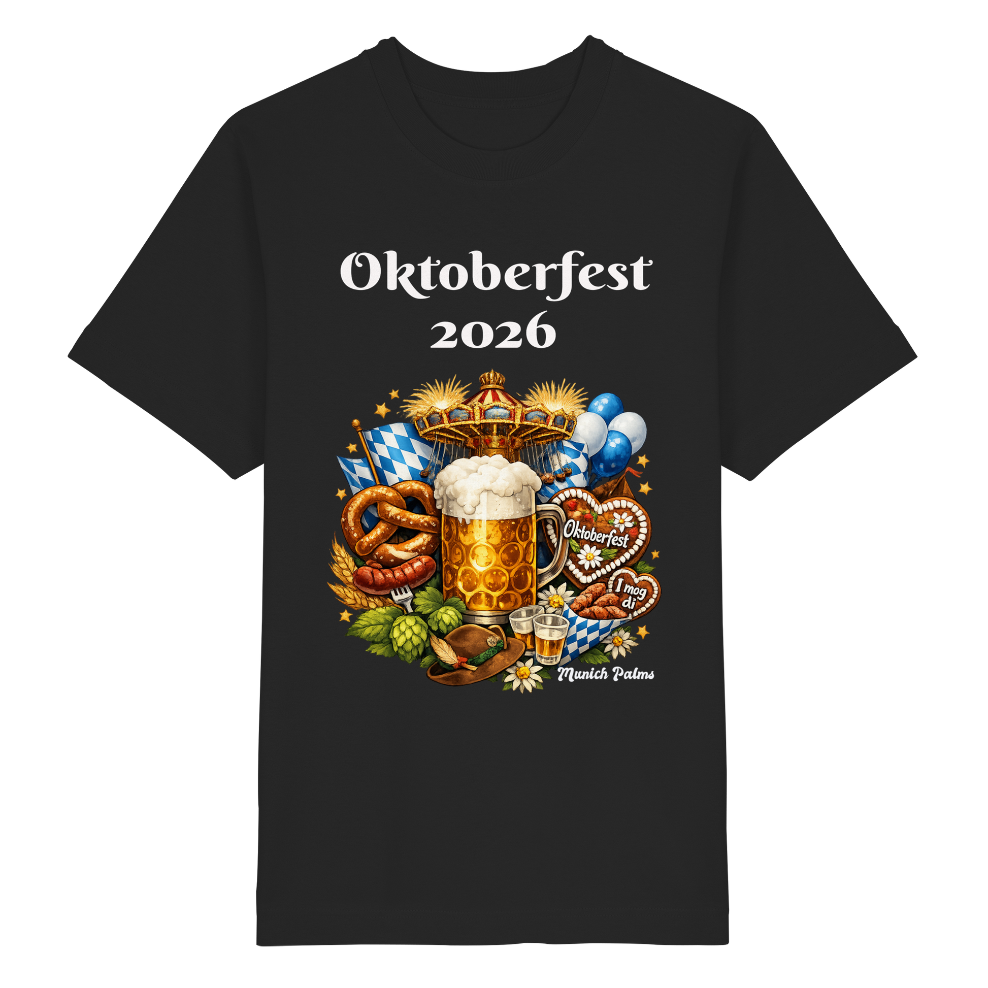 Schwarzes oversized Bio-Shirt für Oktoberfest 2026 in München, Unisex-Design, mit München-Logo auf der Vorderseite