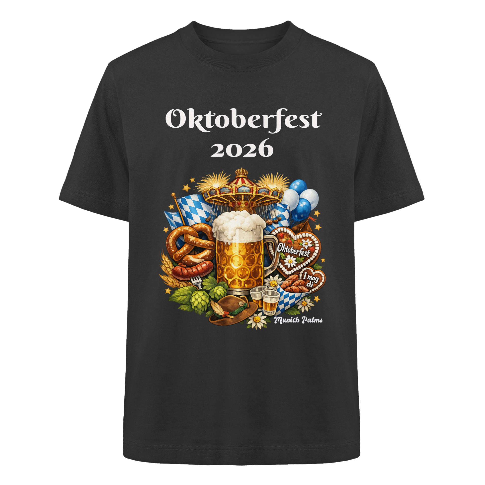 Schwarzes Unisex-Organic-Shirt mit Oktoberfest 2026 München Design, vorne schwer oversized, von Online Kaufhaus München