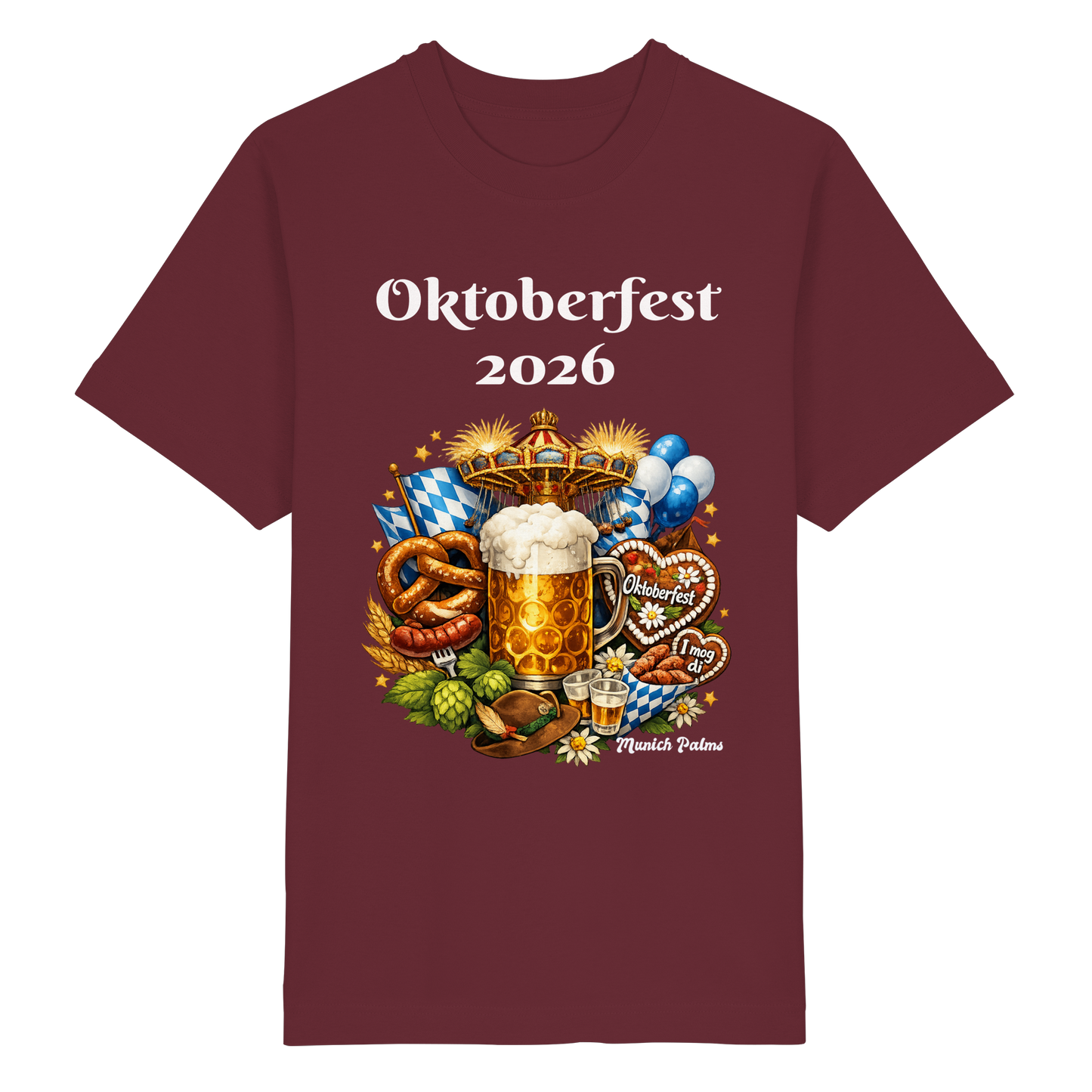 Unisex-Oktoberfest 2026 Munich Design Oversized Bio-Shirt in Burgund, vorne sichtbar, lässiger Schnitt, nachhaltige Baumwolle