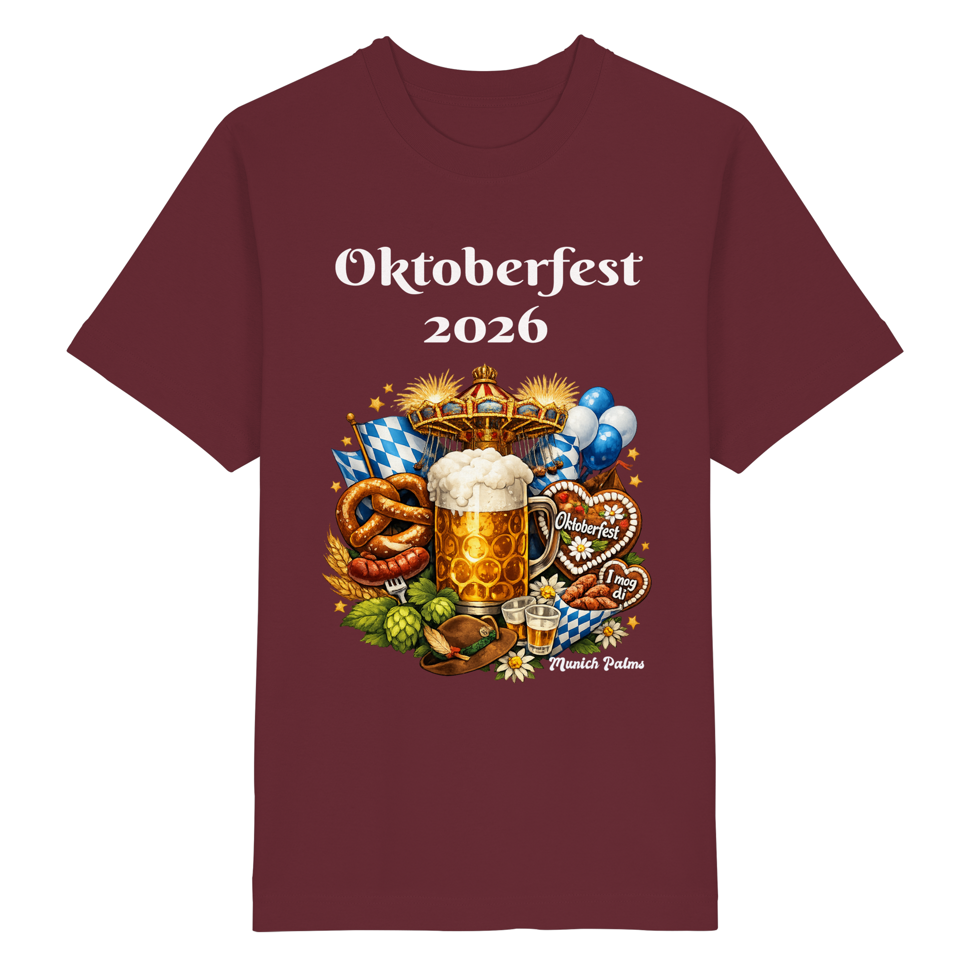 Unisex-Oktoberfest 2026 Munich Design Oversized Bio-Shirt in Burgund, vorne sichtbar, lässiger Schnitt, nachhaltige Baumwolle