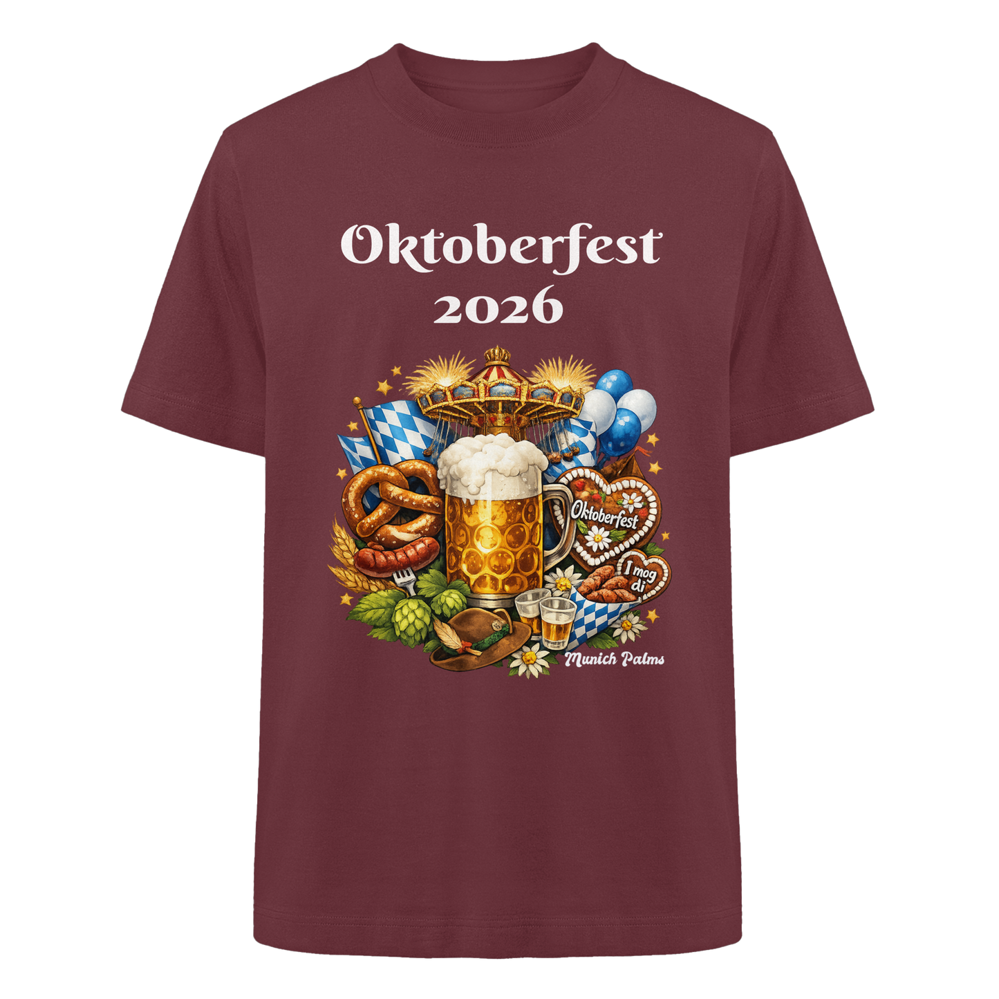 Unisex-Oktoberfest 2026 München T-Shirt aus Bio-Baumwolle, burgundfarben, mit großem Design im Vordergrund.