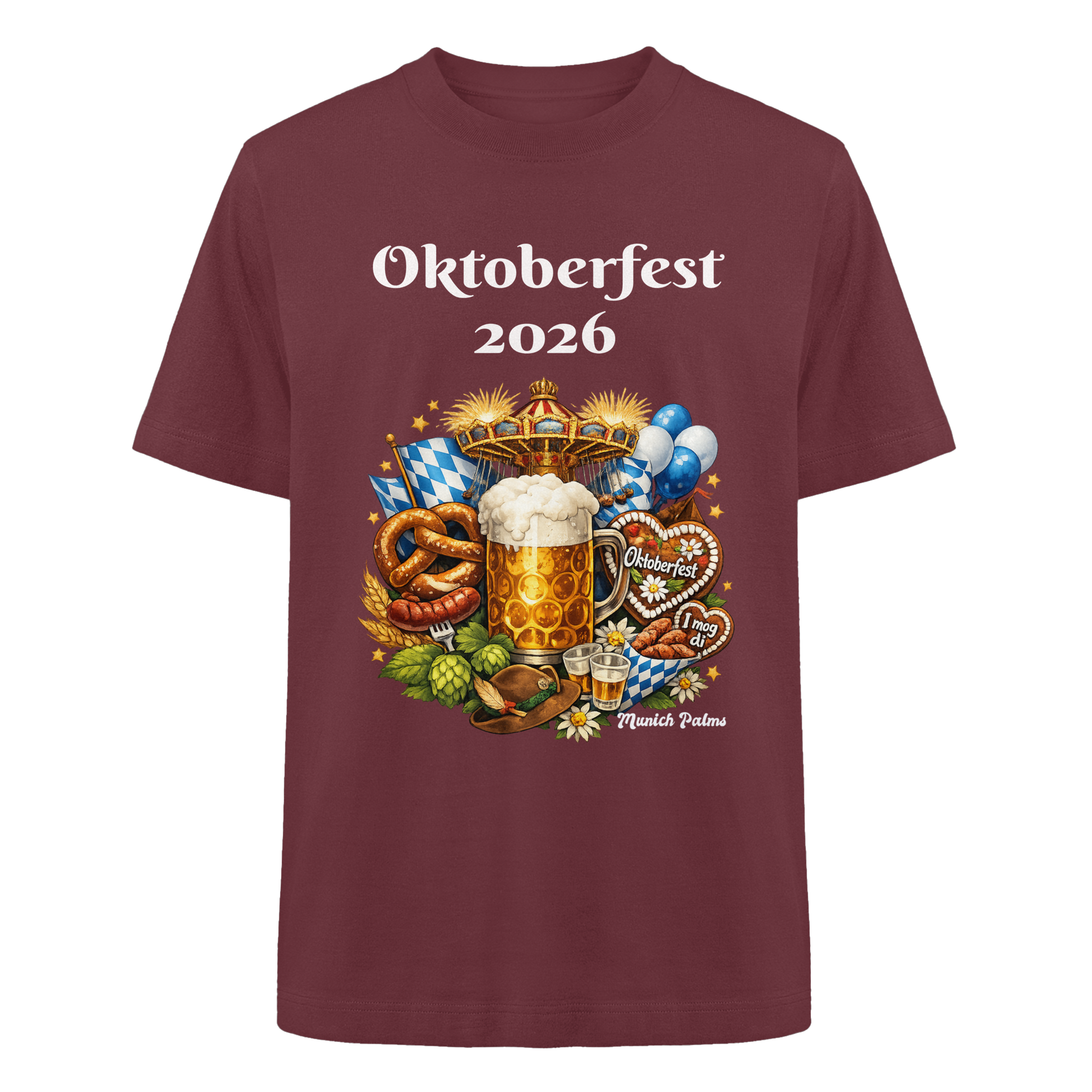 Unisex-Oktoberfest 2026 München T-Shirt aus Bio-Baumwolle, burgundfarben, mit großem Design im Vordergrund.