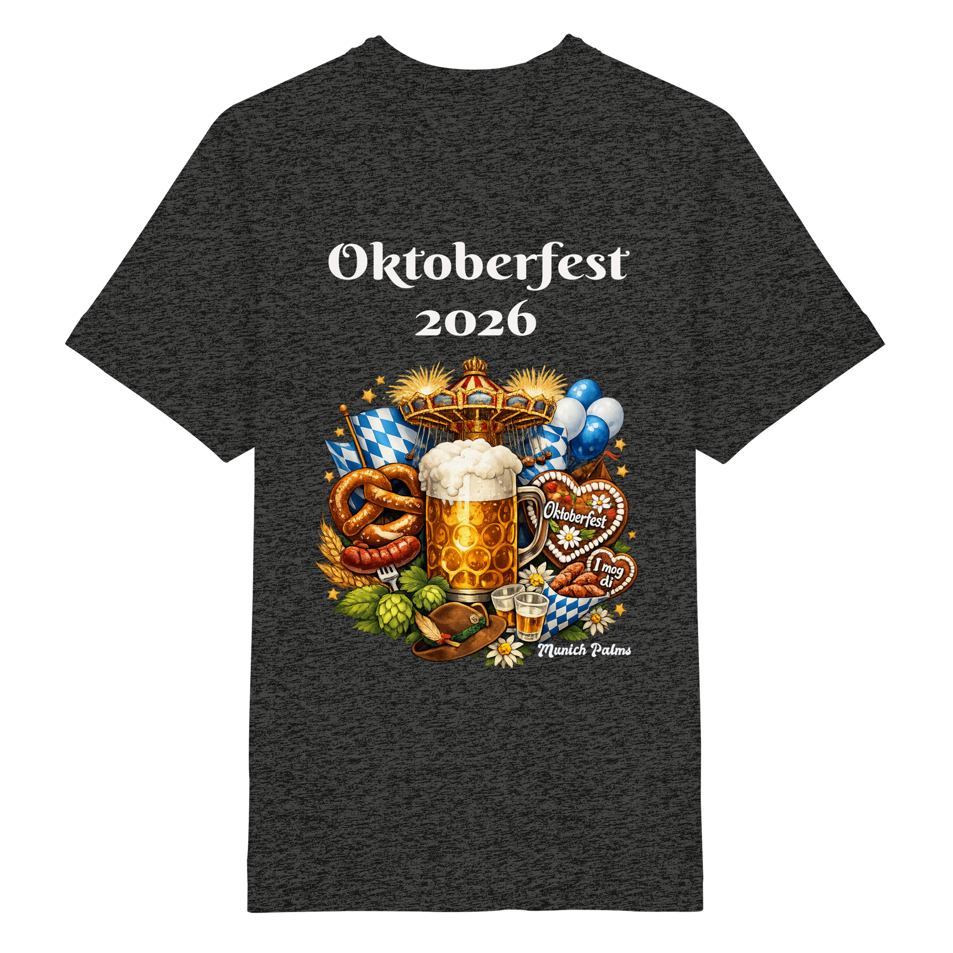 Unisex-Oktoberfest 2026 Munich Design Heavy Oversized Organic Shirt in dunklem Heather-Grau, Frontansicht, bequem und umweltfreundlich