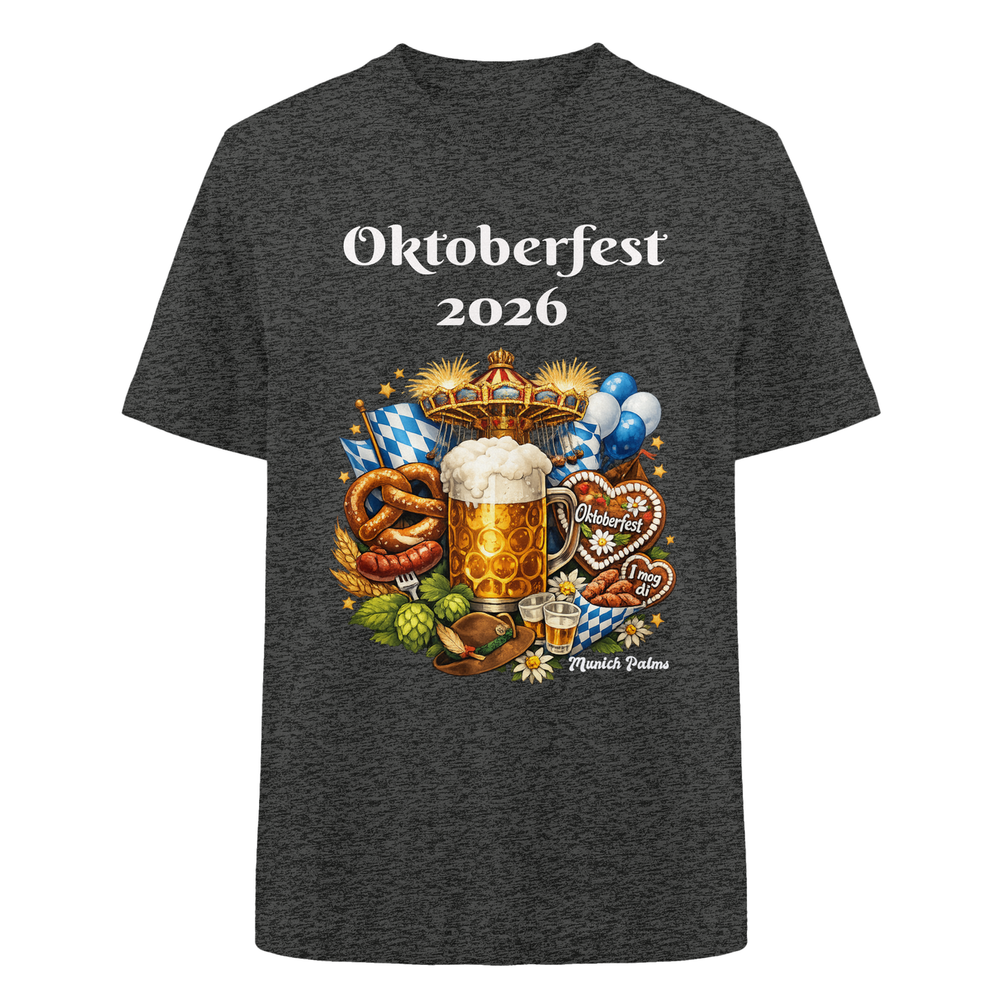 Unisex-Oktoberfest 2026 Munich Design Hemd aus schwerer, oversized Bio-Baumwolle in Dunkelgrau, vorne sichtbar.