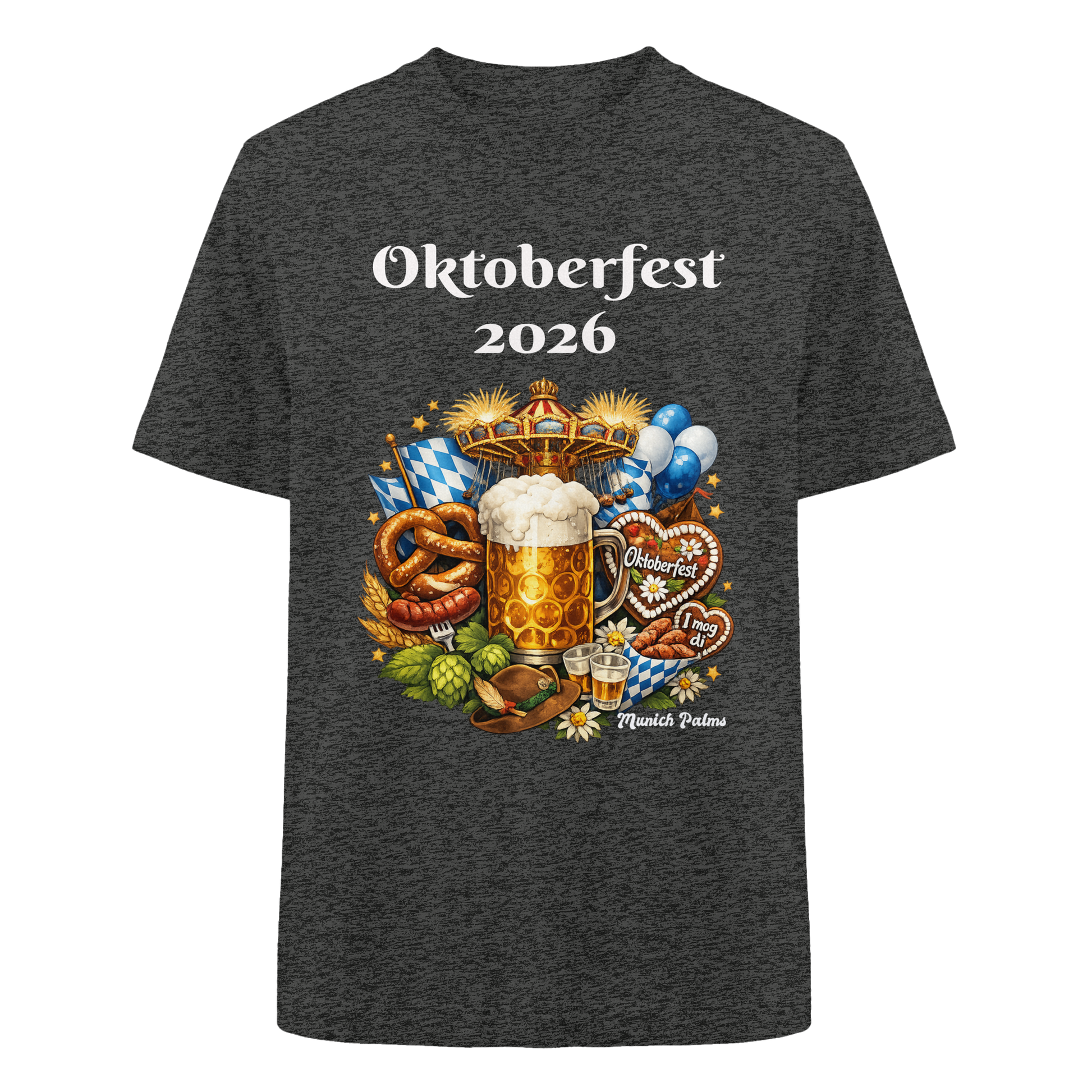 Unisex-Oktoberfest 2026 Munich Design Hemd aus schwerer, oversized Bio-Baumwolle in Dunkelgrau, vorne sichtbar.