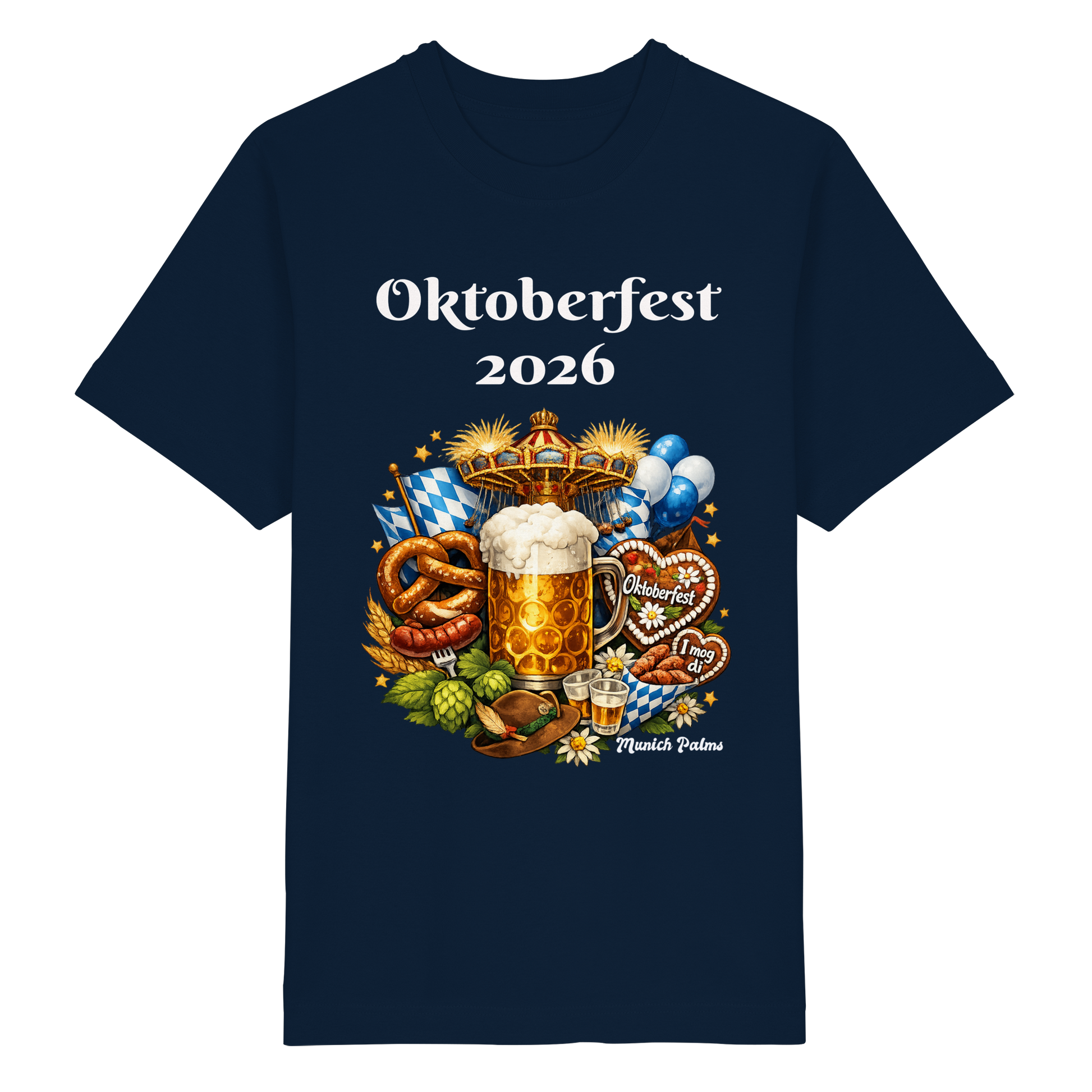 Unisex-Oktoberfest 2026 Munich Design Oversized Bio-Shirt in French Navy, Vorderseite sichtbar