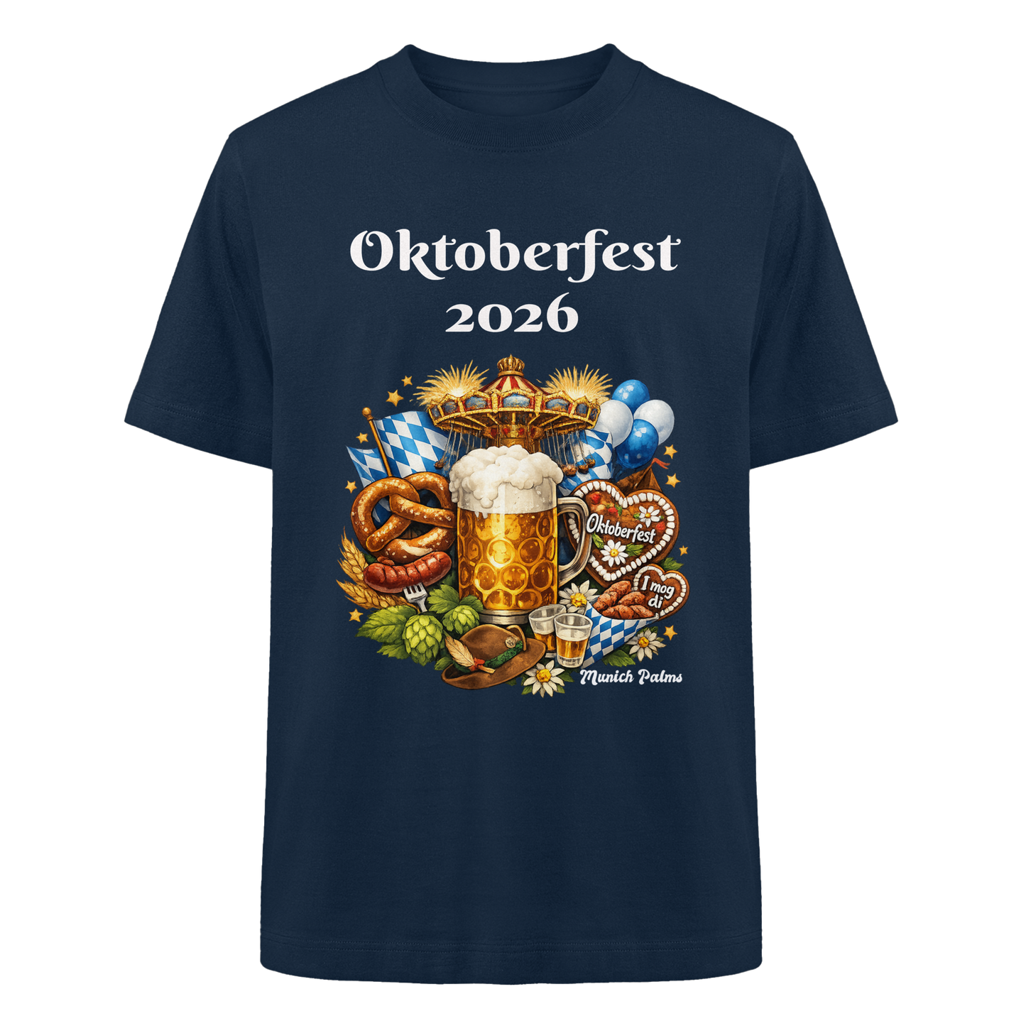 Unisex-Oktoberfest 2026 München T-Shirt aus Bio-Baumwolle, vorne schwer und oversized, in French Navy, mit Oktoberfest-Design.