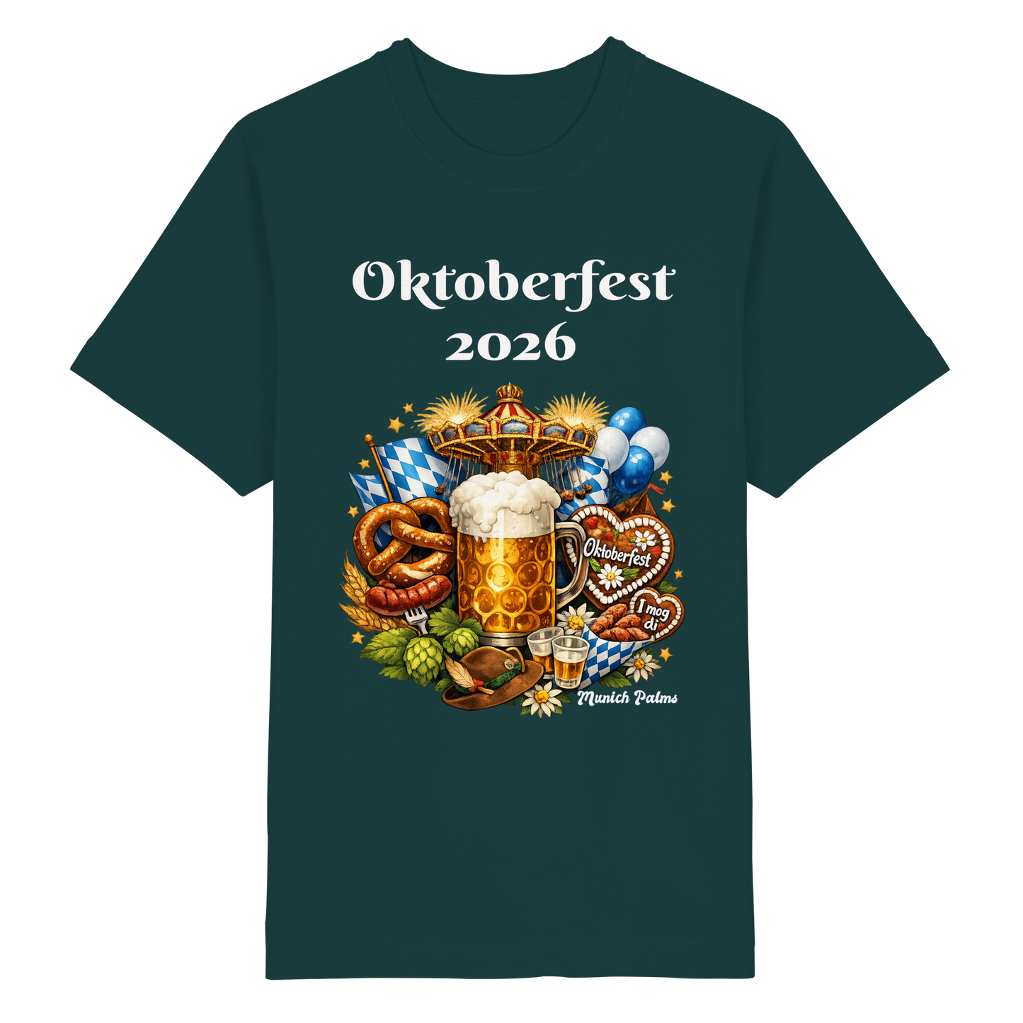 Unisex-Oktoberfest 2026 München Design Shirt aus Bio-Baumwolle, vorderseitig schwere, oversized, grüne Organic-Shirt.