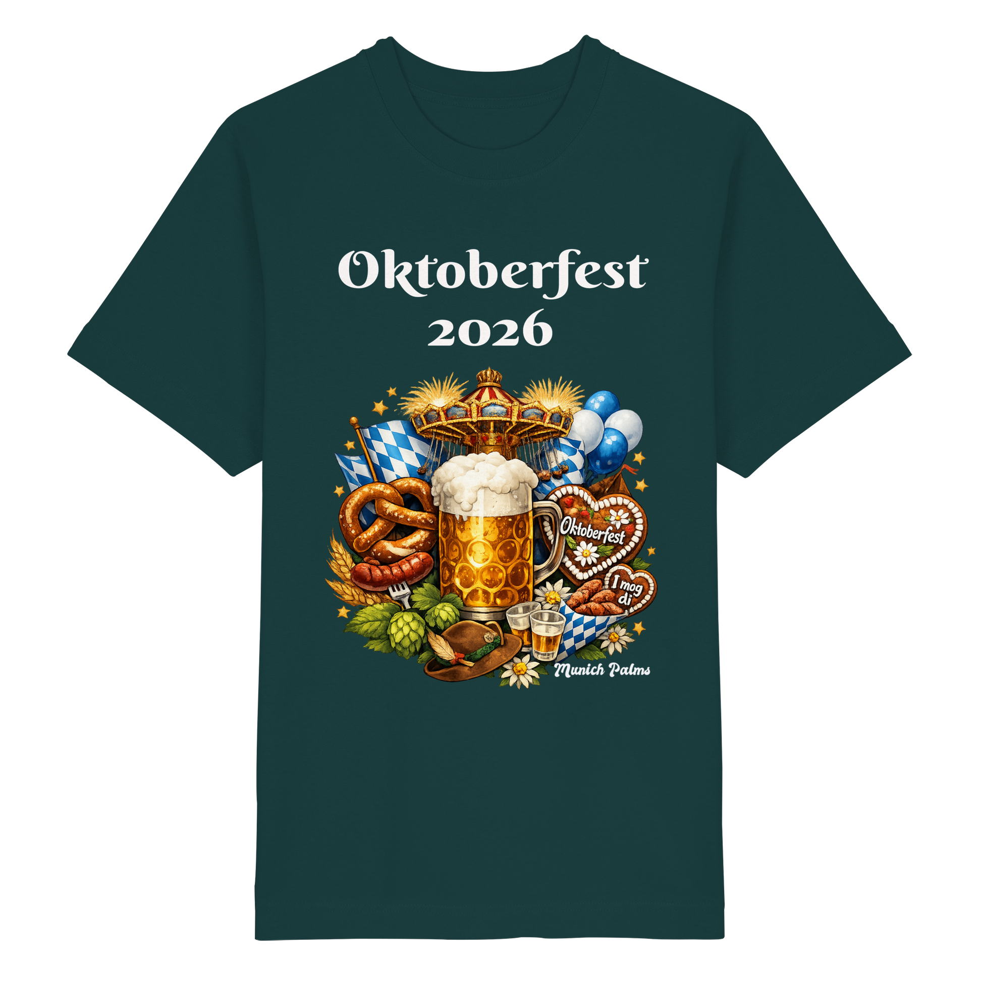 Unisex-Oktoberfest 2026 München Design Shirt aus Bio-Baumwolle, vorderseitig schwere, oversized, grüne Organic-Shirt.