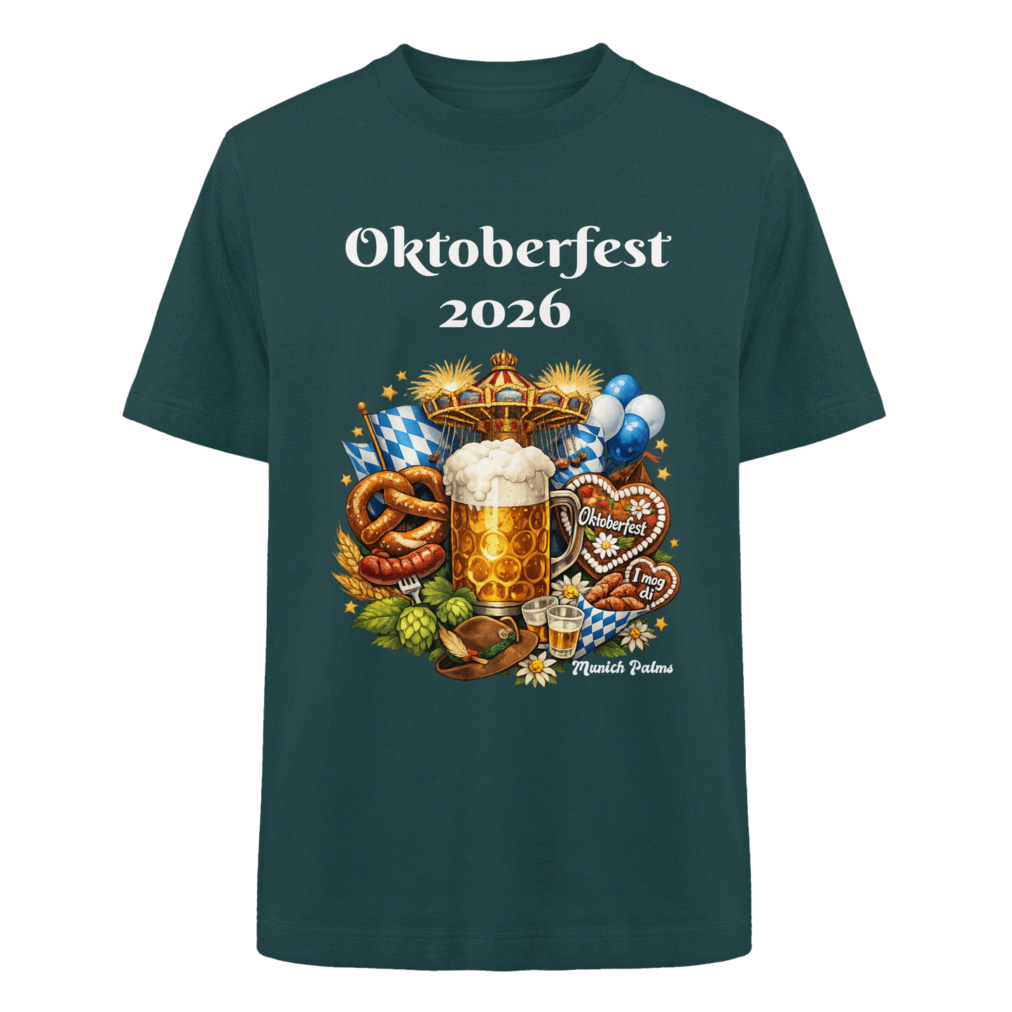 Unisex-Oktoberfest 2026 München Design, schweres oversized Bio-Shirt in glänzendem Grün, vorderseitig sichtbar.