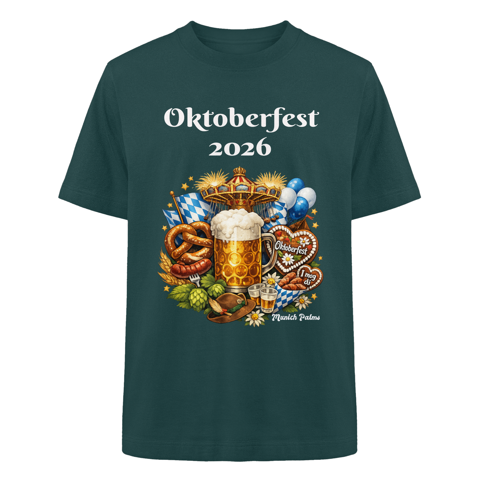 Unisex-Oktoberfest 2026 München Design, schweres oversized Bio-Shirt in glänzendem Grün, vorderseitig sichtbar.