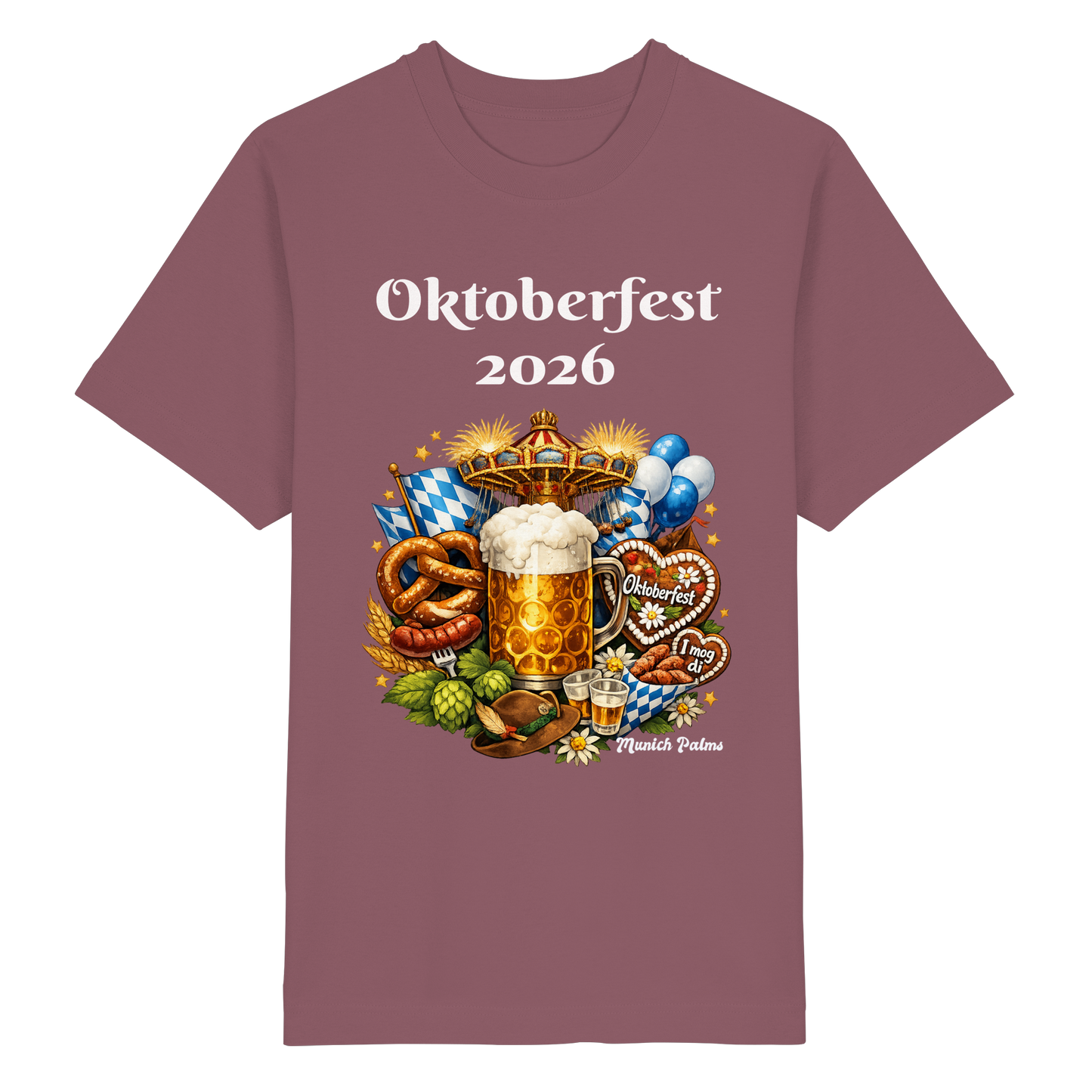 Unisex-Übergröße Bio-Shirt mit Oktoberfest 2026 München Design, Frontansicht, Kaffee-Farben, bequem und nachhaltig.