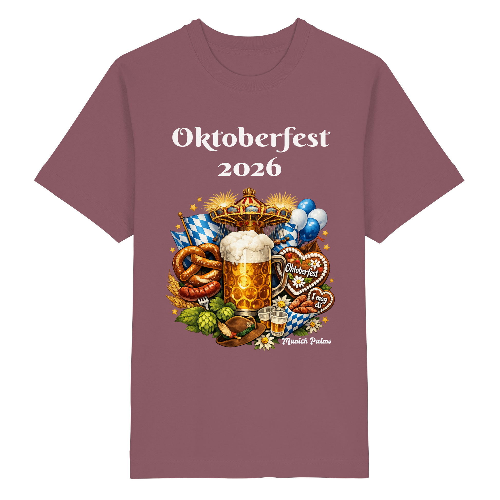 Unisex-Übergröße Bio-Shirt mit Oktoberfest 2026 München Design, Frontansicht, Kaffee-Farben, bequem und nachhaltig.