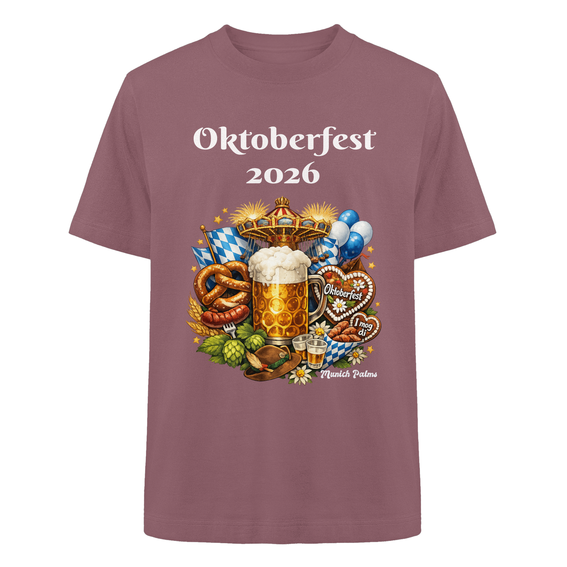 Unisex-Shirt von Online Kaufhaus München mit Oktoberfest 2026 München Design, schweres, oversized Bio-Baumwollshirt, frontales Druck.