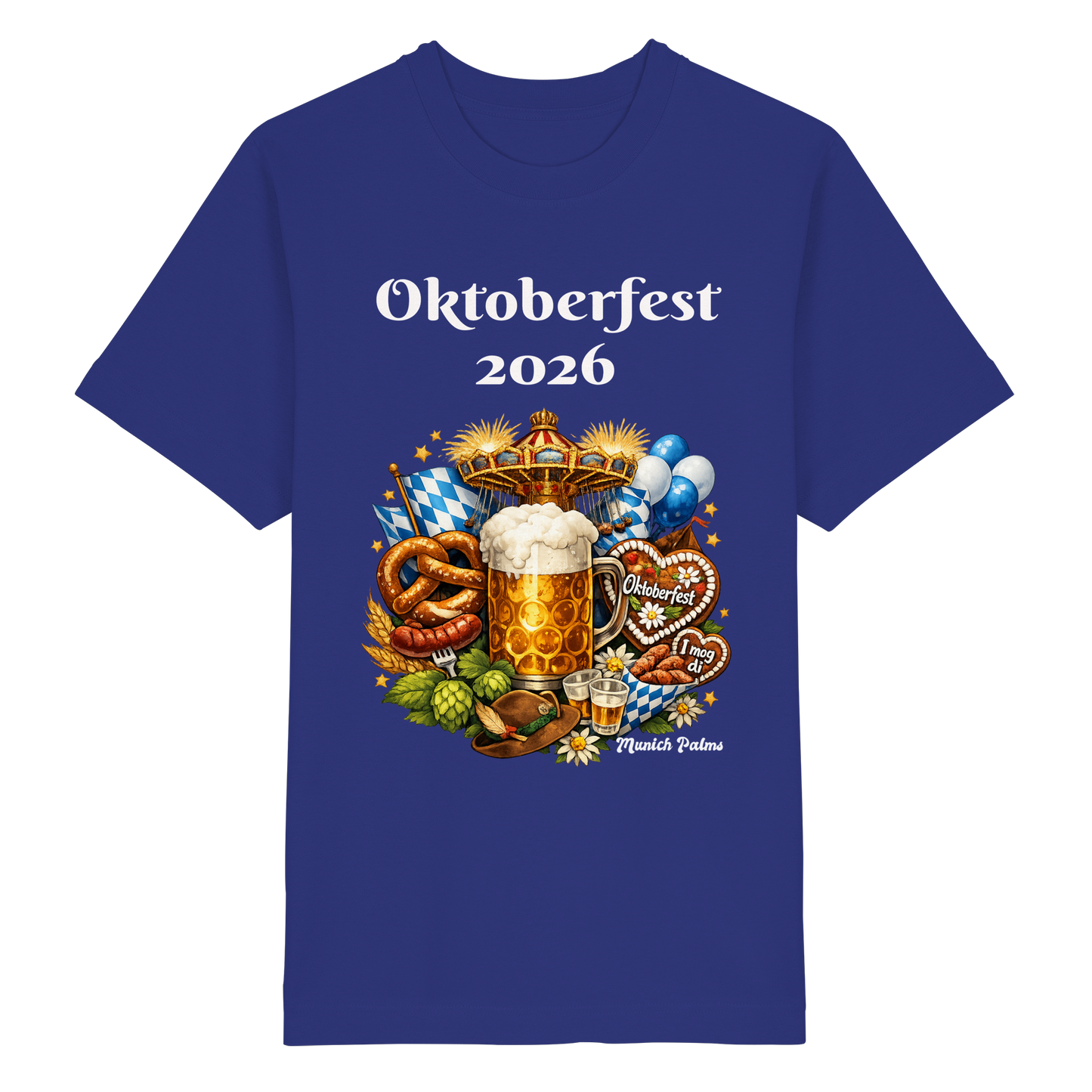 Unisex-Übergrößen Organic Shirt mit Oktoberfest 2026 Münchner Design, blauer Frontdruck, bequemer Schnitt, nachhaltige Baumwolle.