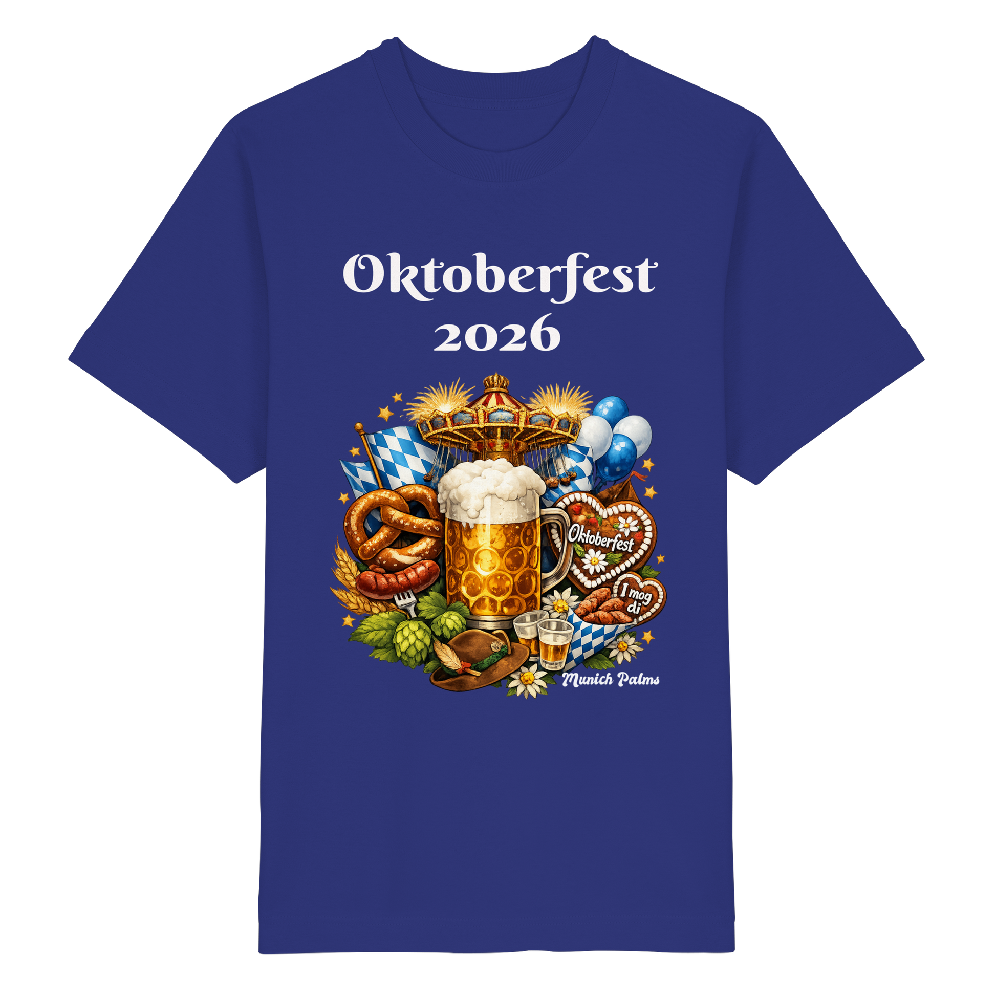 Unisex-Übergrößen Organic Shirt mit Oktoberfest 2026 Münchner Design, blauer Frontdruck, bequemer Schnitt, nachhaltige Baumwolle.
