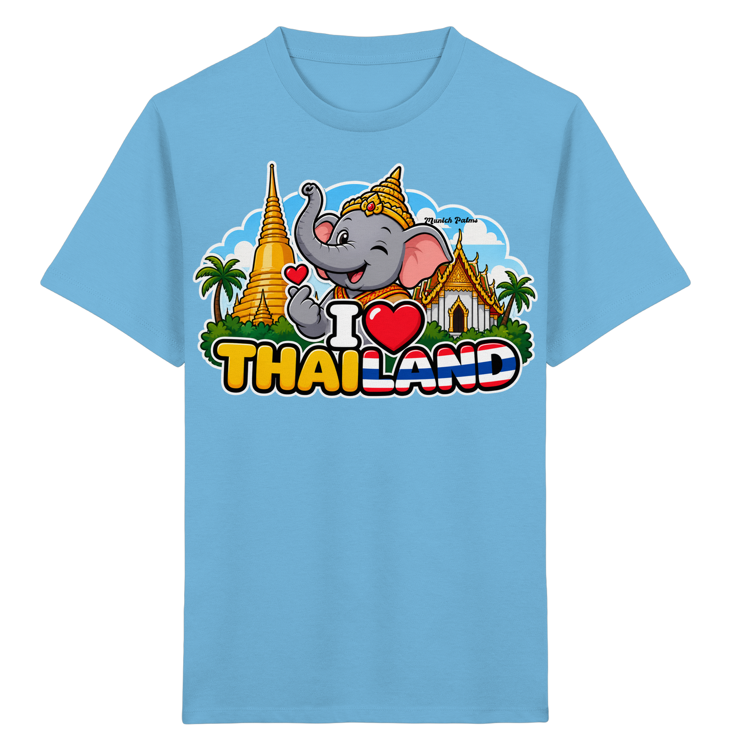Lustiges Kinderorganikshirt mit lachendem Elefanten und Thailand-Motiv in Aqua-Blau, exklusives Design von Munich Palms.